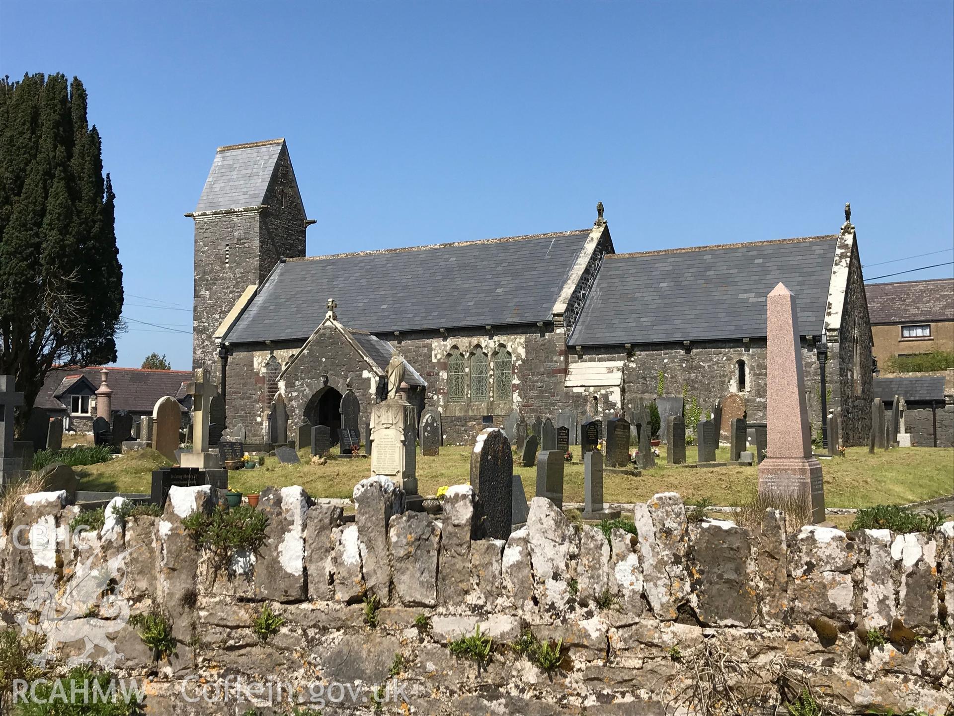 Colour photo showing exterior view of St. Margaret Marlos or St. Teilo's church and graveyard, Pendine, taken by Paul R. Davis, 6th May 2018.