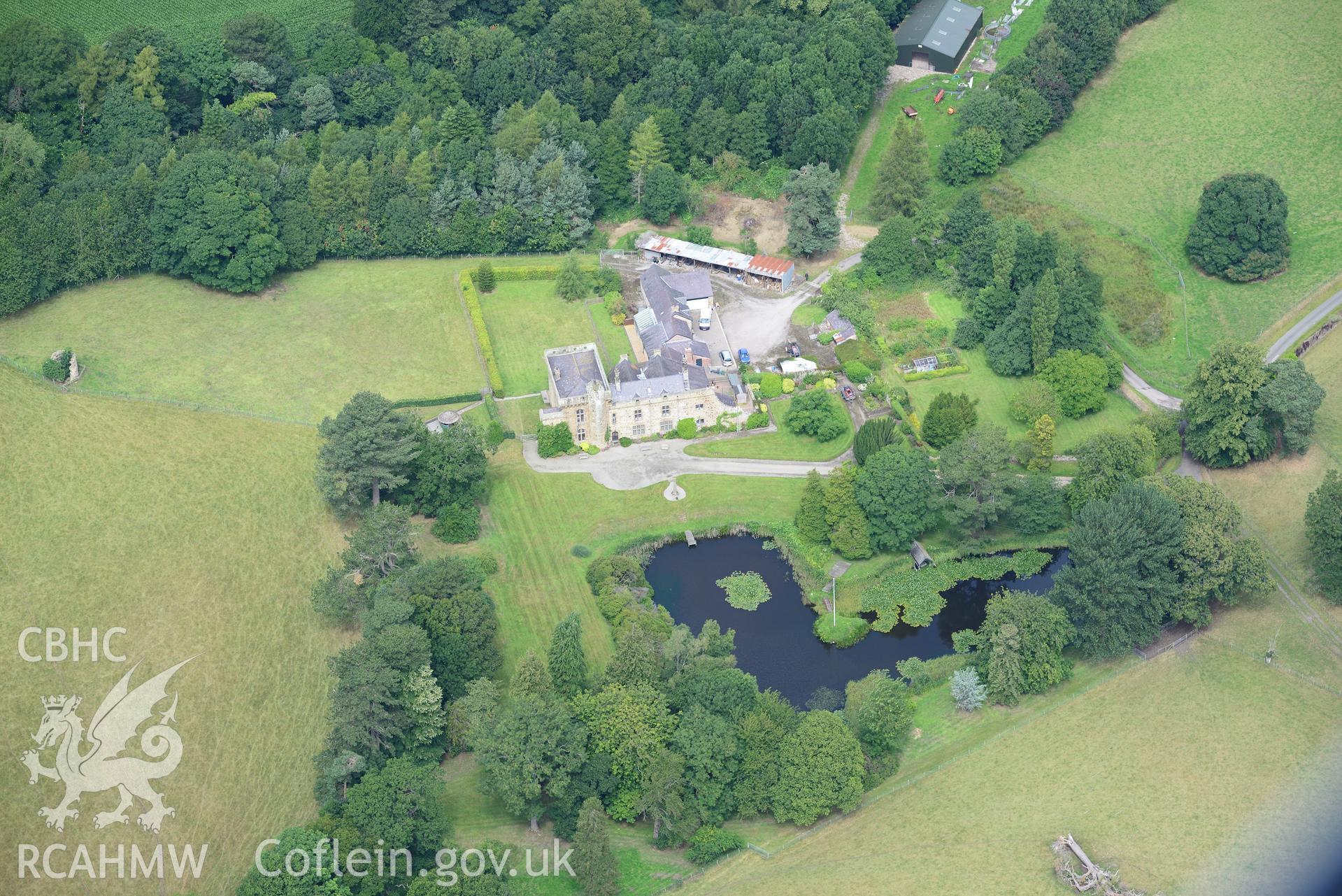 The Tower, Tower garden and dovecote, Broncoed. Oblique aerial photograph taken during the Royal Commission's programme of archaeological aerial reconnaissance by Toby Driver on 30th July 2015.