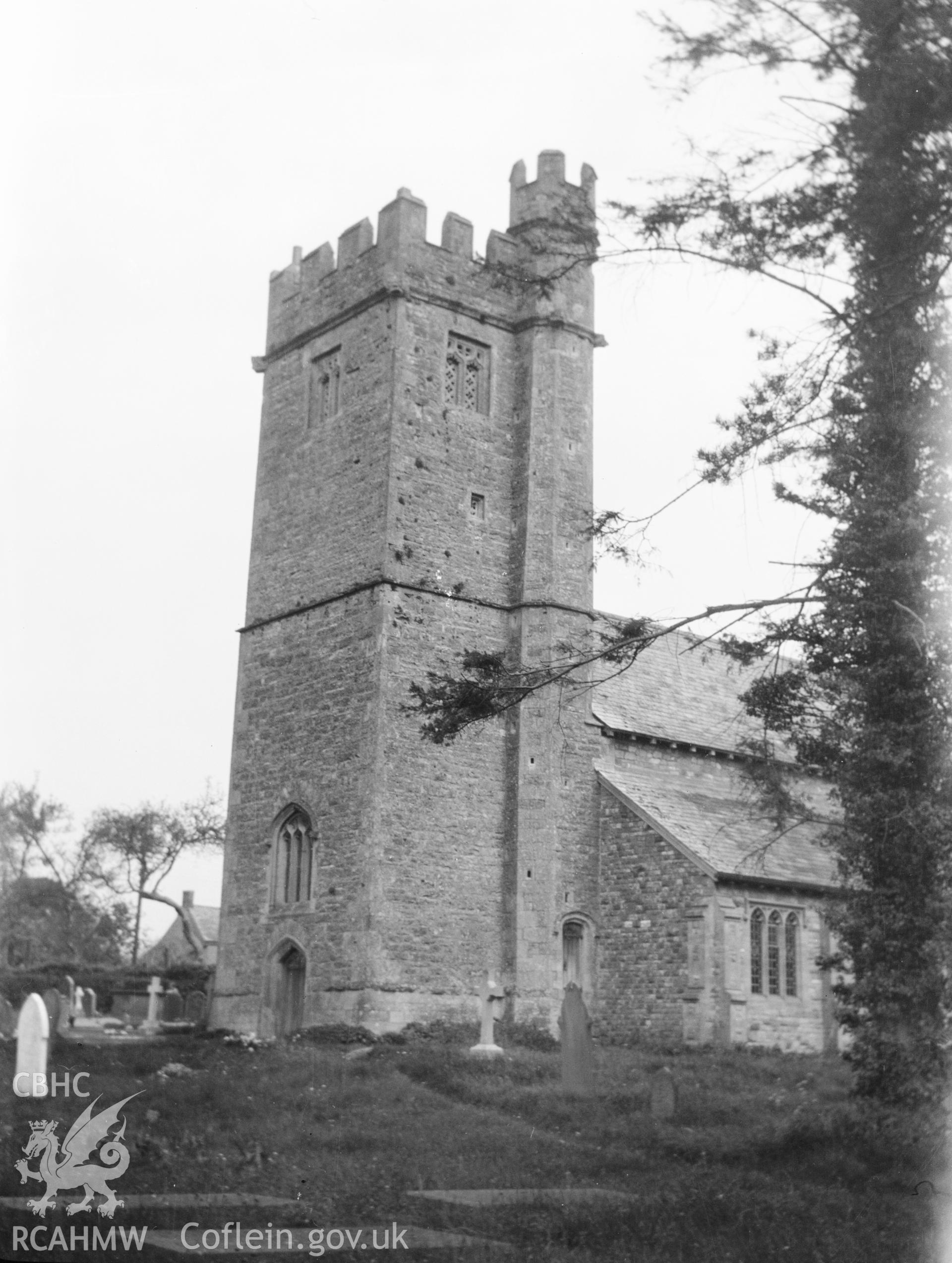 Digital copy of a nitrate negative showing exterior view of tower of St Stephen's Church, Caerwent, taken circa 1935. From the National Building Record Postcard Collection.