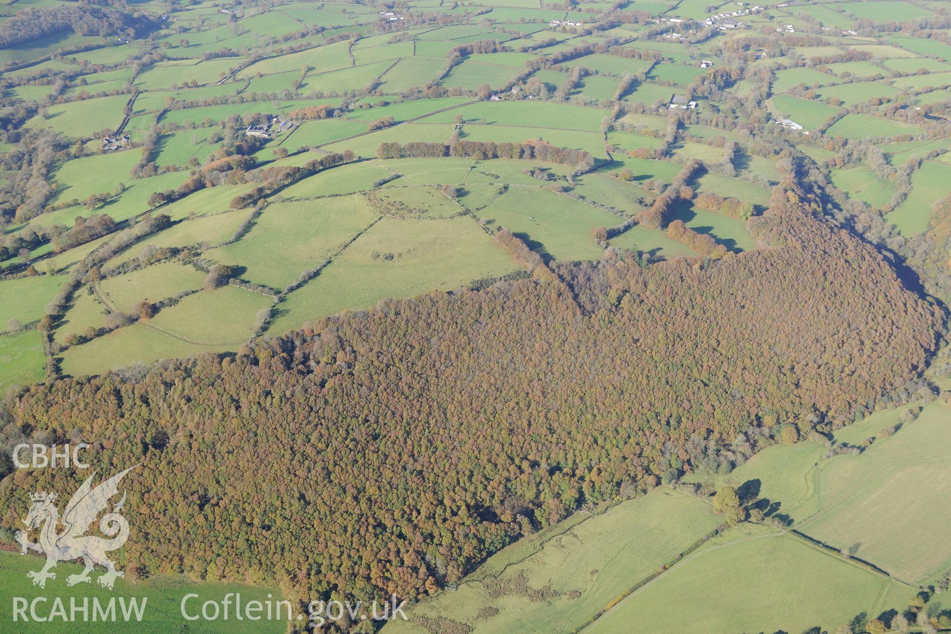 Pencoed y Foel Hillfort, near Llandysul. Oblique aerial photograph taken during the Royal Commission's programme of archaeological aerial reconnaissance by Toby Driver on 2nd November 2015.