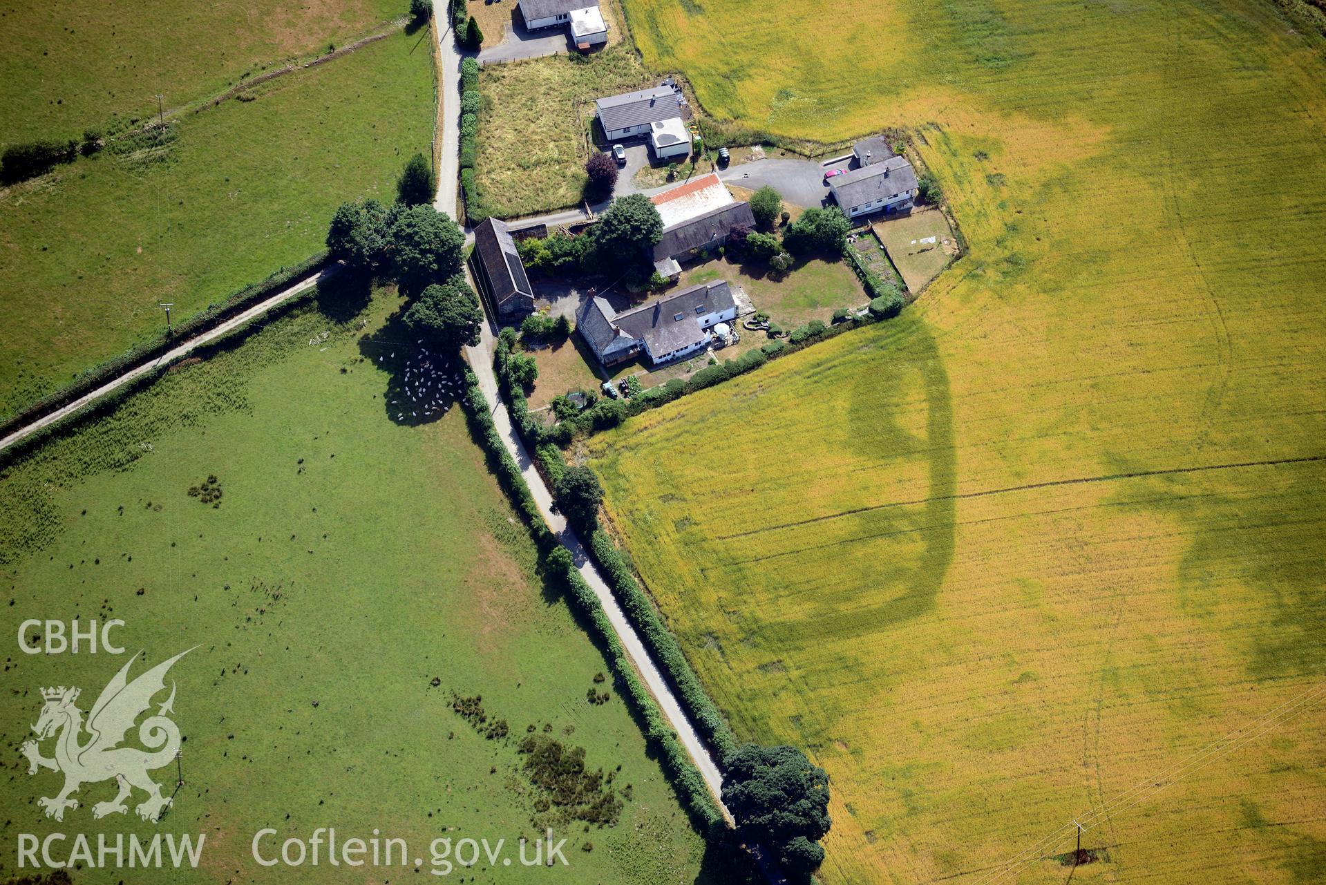 Royal Commission aerial photography of Plas Adda defended enclosure cropmarks taken on 19th July 2018 during the 2018 drought.