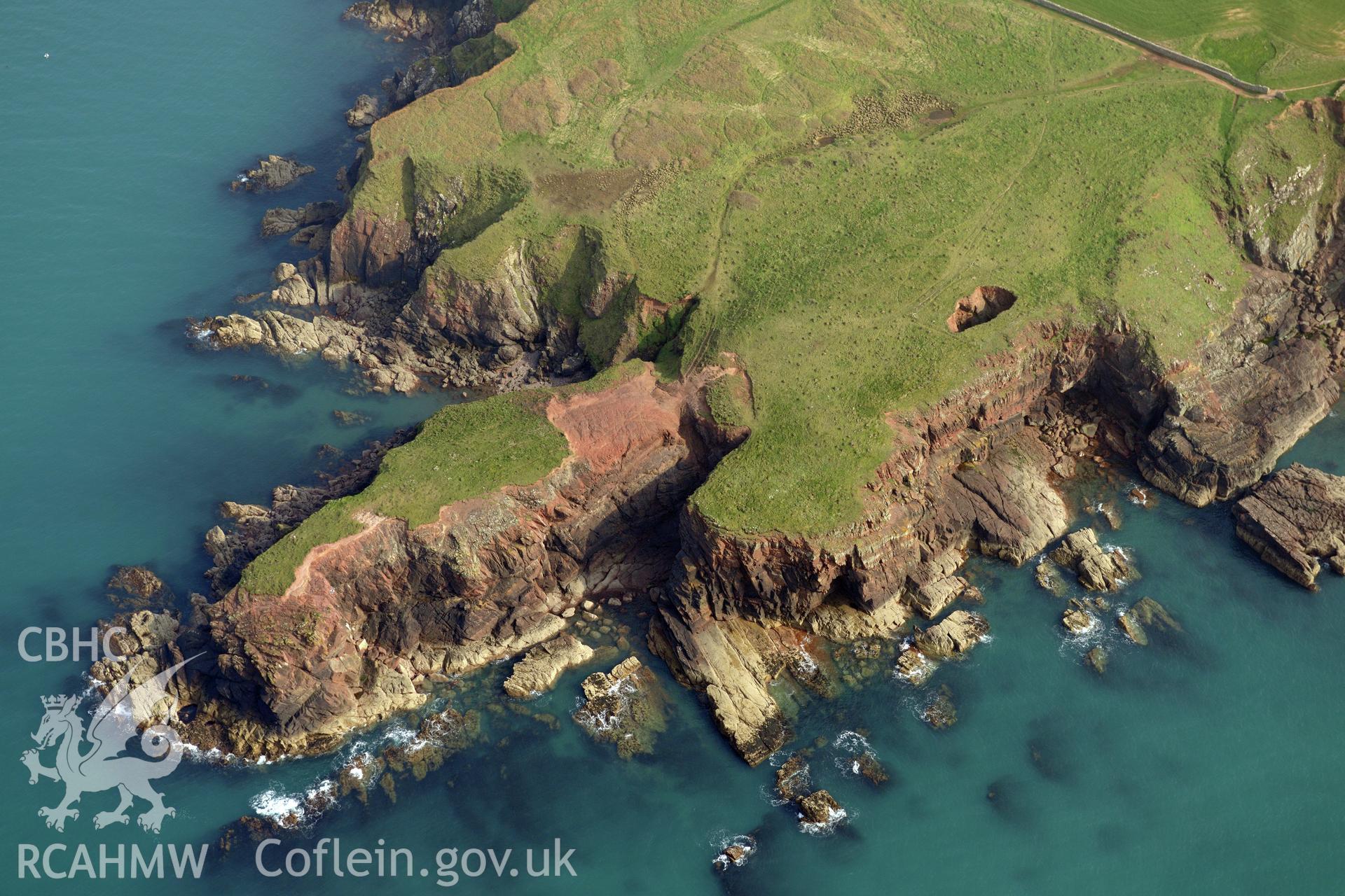Aerial photography of The Nab Head taken on 27th March 2017. Baseline aerial reconnaissance survey for the CHERISH Project. ? Crown: CHERISH PROJECT 2017. Produced with EU funds through the Ireland Wales Co-operation Programme 2014-2020. All material made freely available through the Open Government Licence.