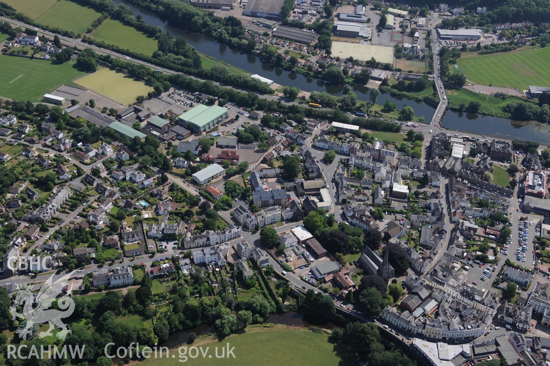 The Wye Bridge and the town of Monmouth. Oblique aerial photograph taken during the Royal Commission?s programme of archaeological aerial reconnaissance by Toby Driver on 1st August 2013.