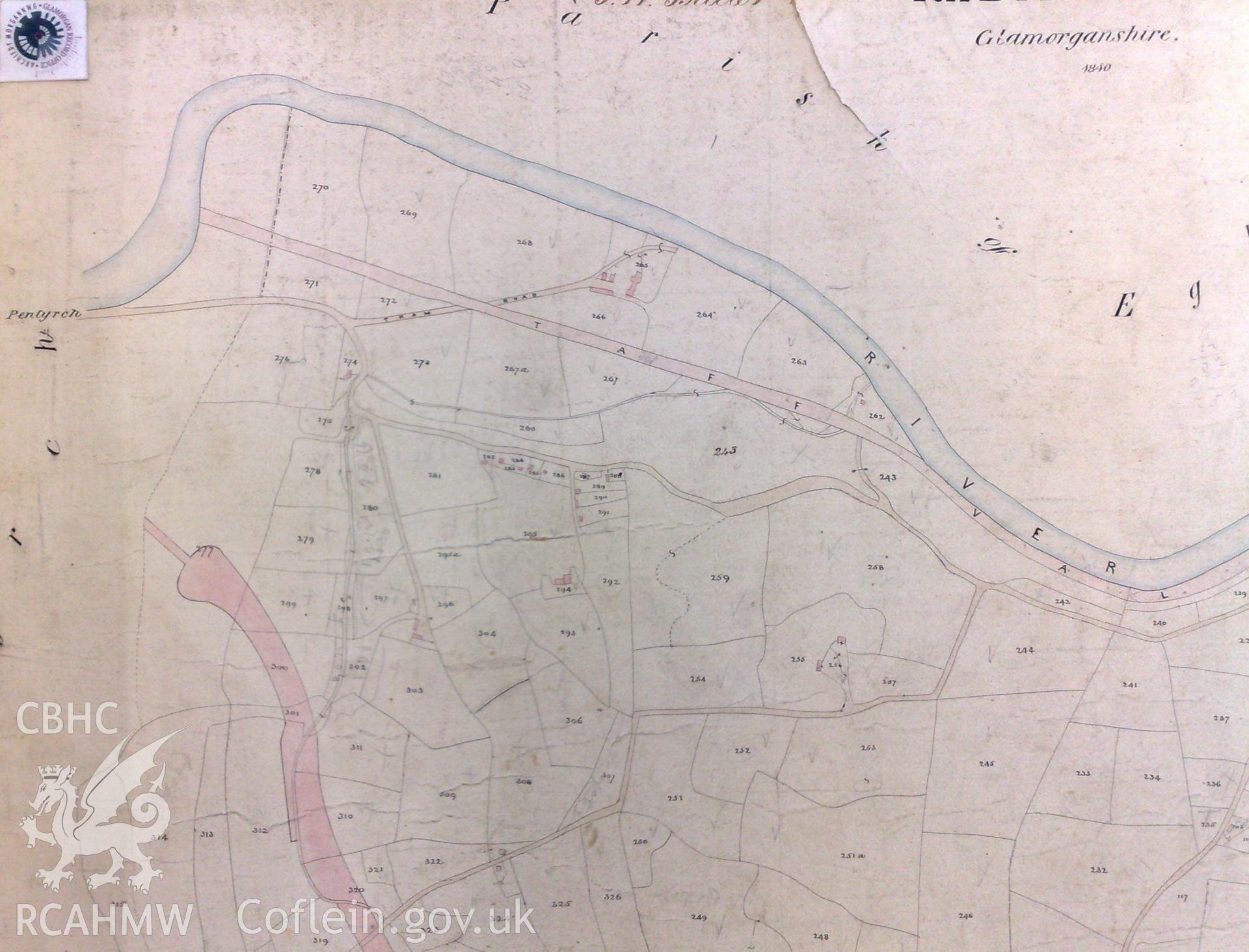 Digital image of part of 1840 tithe map showing Morganstown Motte, Radyr. From a Cambrian Archaeological Projects assessment survey by Dr Amelia Pannett (CAP Report 592).