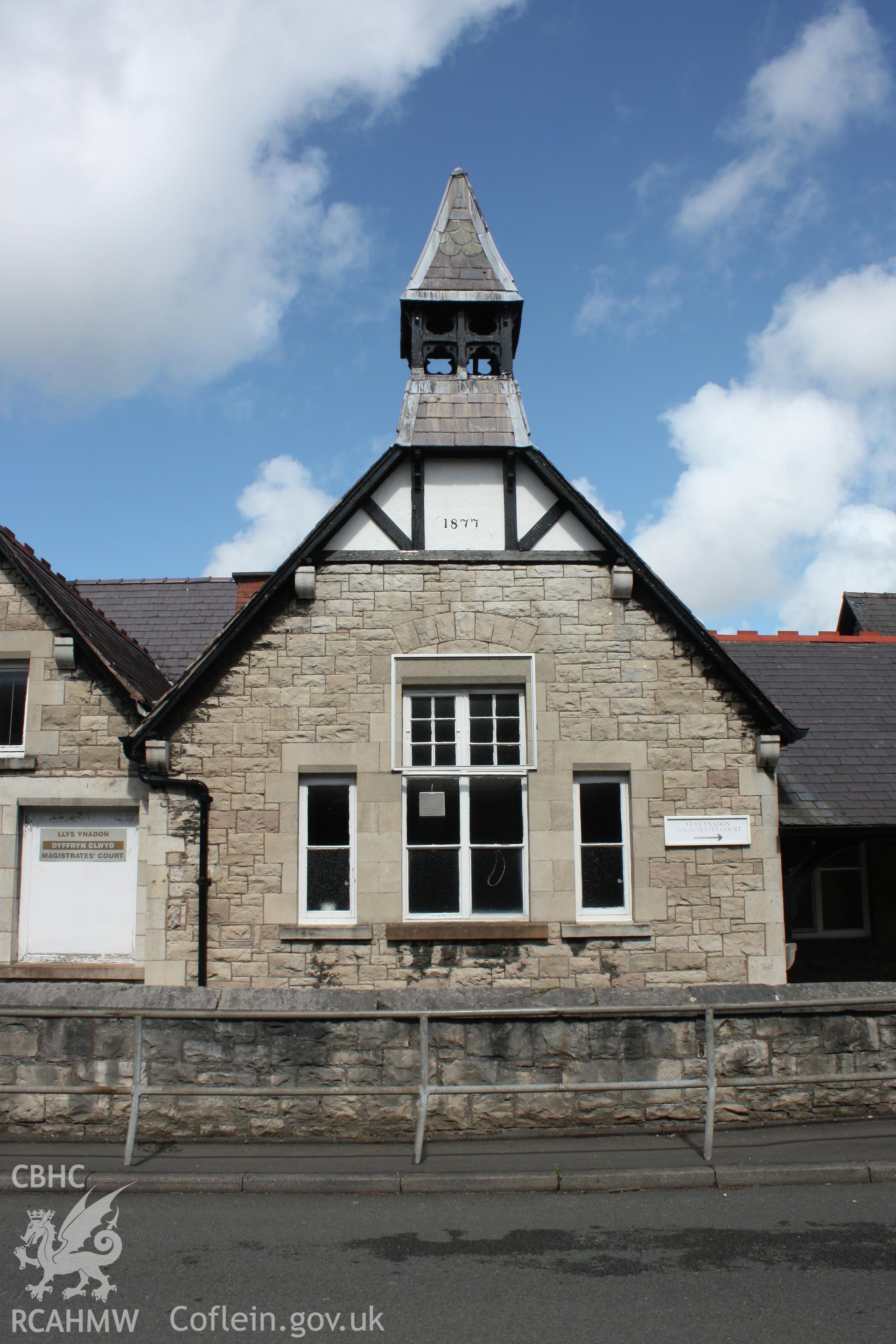 Digital colour photograph showing part of front elevation of former Ysgol Frongoch, later the Magistrates Court in Denbigh. Photographed during survey conducted by Sue Fielding on 19th July 2012.
