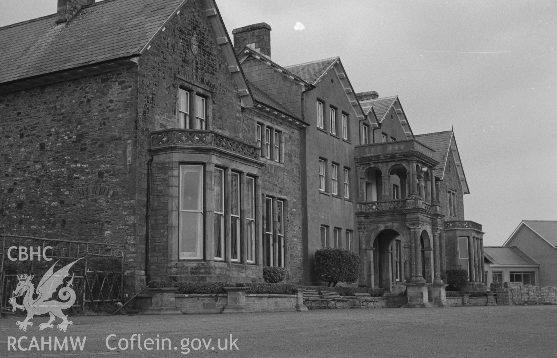 Digital copy of a black and white negative showing the front of Highmead House, Llanwenog. Photographed by Arthur O. Chater on 11th April 1967 looking north north east from Grid Reference SN 502 431.