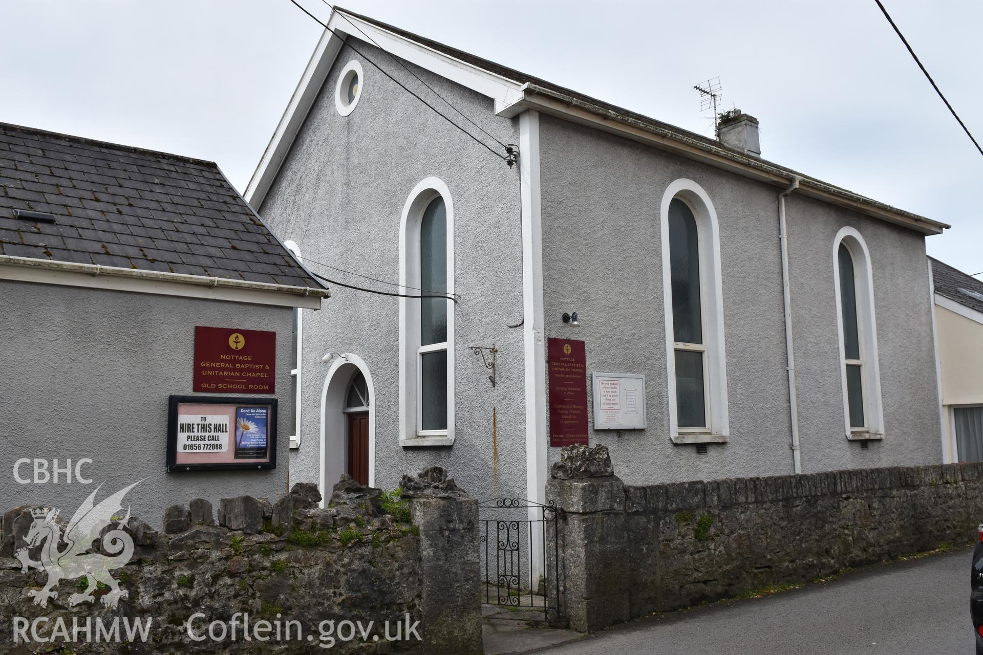 Colour photograph showing exterior view of Baptist & Unitarian Chapel, Nottage, Porthcawl, taken during photographic survey conducted by Sue Fielding on 12th May 2018.