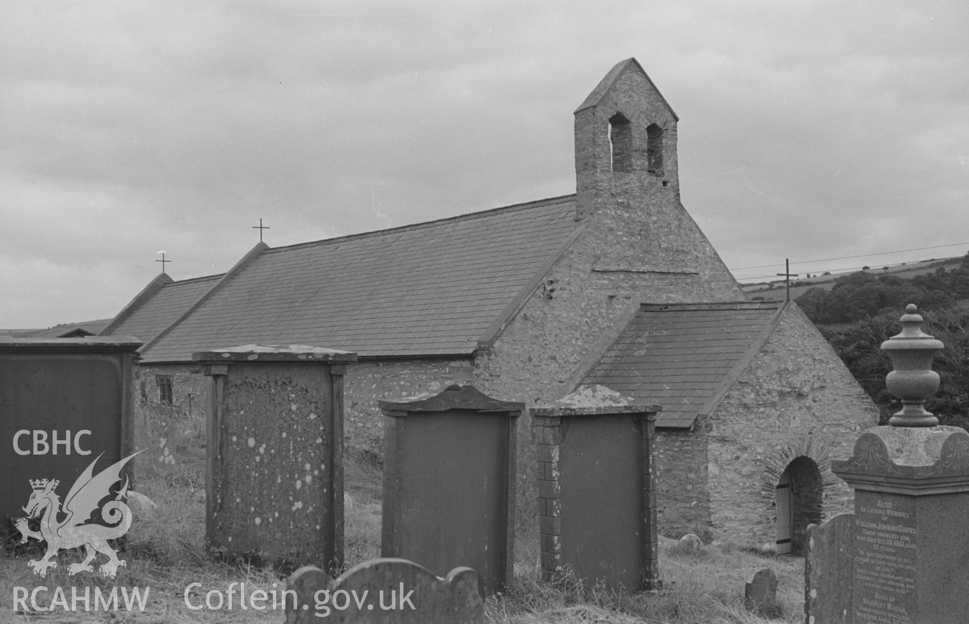 Digital copy of a black and white negative showing exterior view of St. Michael's church, Penbryn. Photographed in August 1963 by Arthur O. Chater from Grid Reference SN 2933 5212, looking east south east.