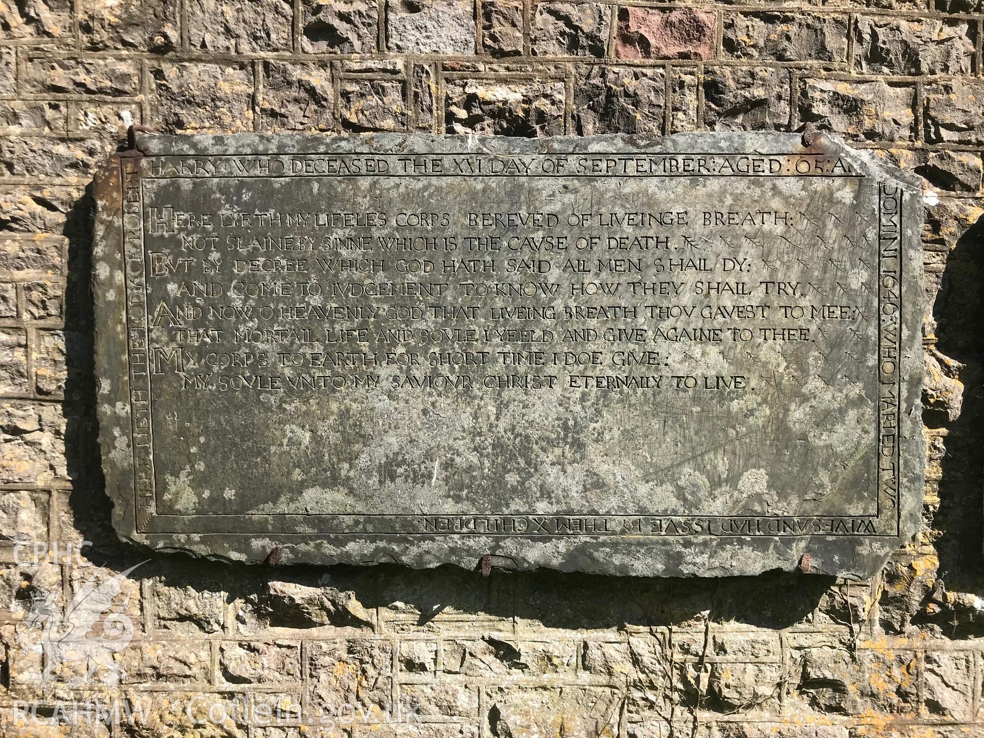 Digital colour photograph showing detailed view of memorial stone dated 1646 at St Rhidian and Illtyd's church, Llanrhidian, taken by Paul R. Davis on 5th May 2019.