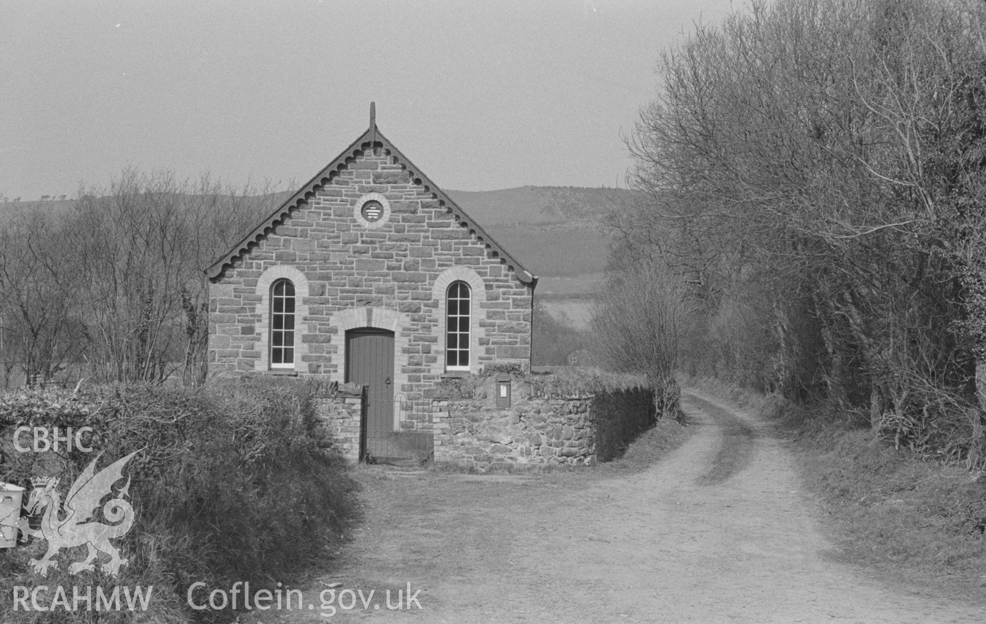 Digital copy of black & white negative showing exterior front elevation of Dyffryn Calvinistic Methodist Chapel, Llanilar. Photographed in April 1964 by Arthur O. Chater at start of Felin Dyffryn Road, from Grid Ref SN 6504 7396, looking north north east.