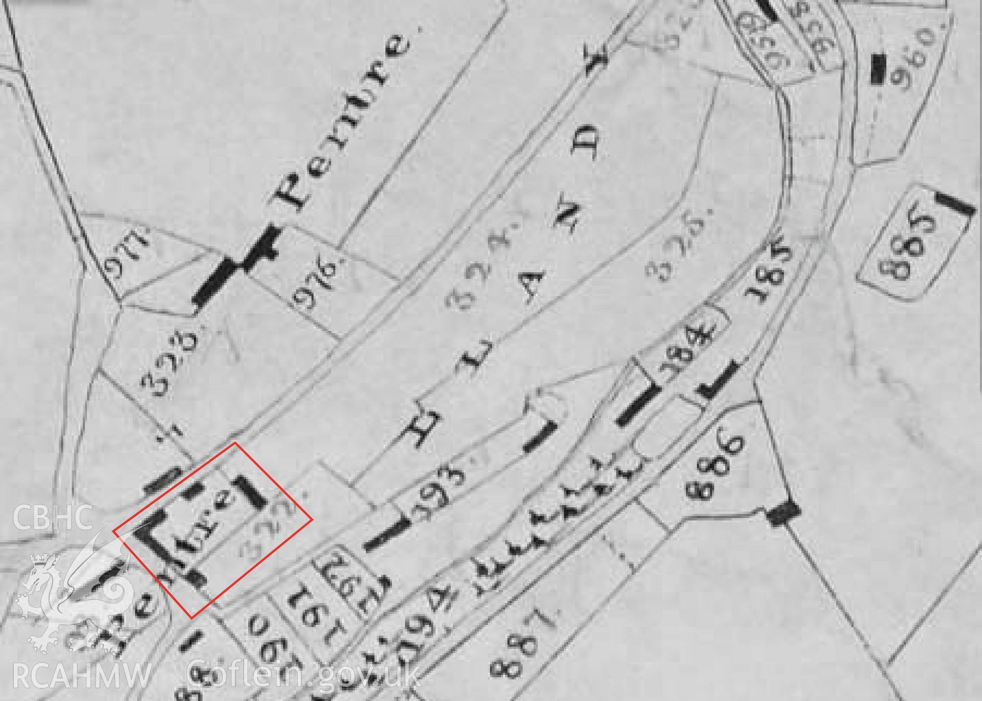 Tithe map showing Pentre Barns location used as report illustration for CPAT Project 2414: Pentre Barns, Llandyssil, Powys - Building Survey. Prepared by Kate Pack of Clwyd Powys Archaeological Trust, 2019. Report no. 1694.