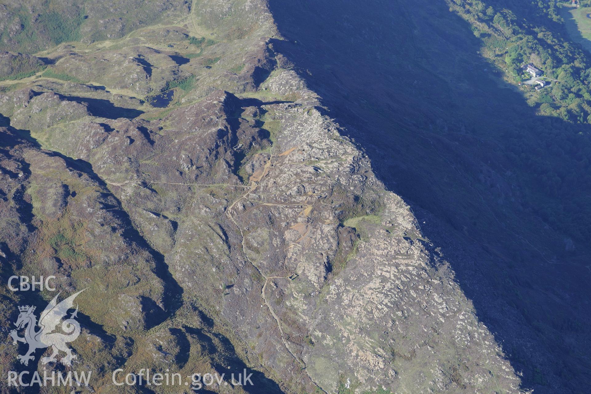 Llwyndu copper mine, west of Beddgelert. Oblique aerial photograph taken during the Royal Commission's programme of archaeological aerial reconnaissance by Toby Driver on 2nd October 2015.