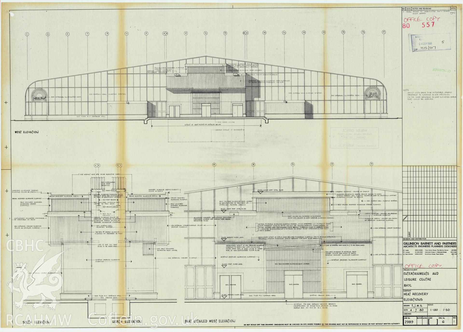 Digital copy of a measured drawing showing heat recovery elevations of the entertainment complex at Rhyl Sun Centre and Theatre, produced by Gillinson Barnett & Partners  1980. Loaned for copying by Denbighshire County Council.
