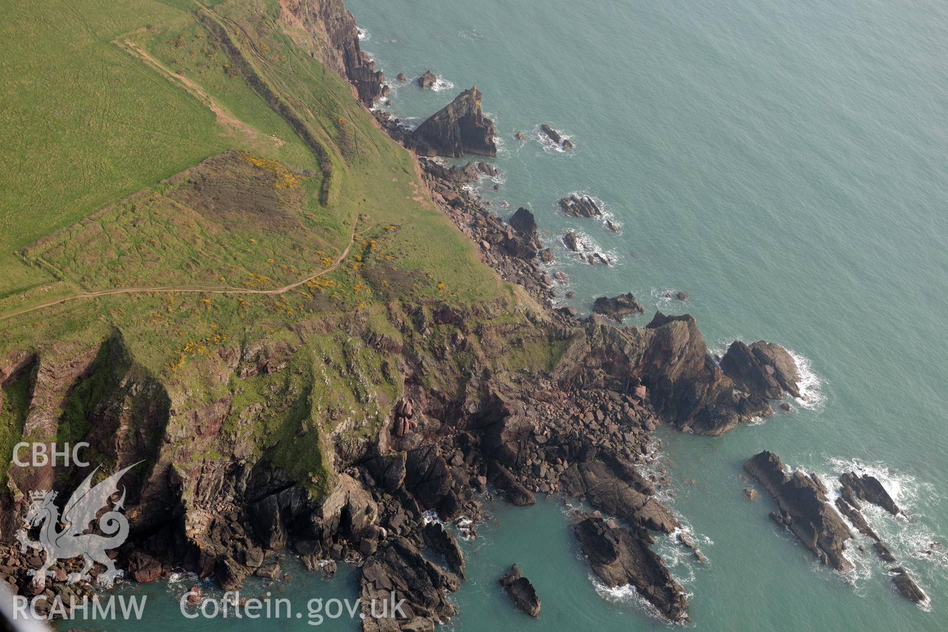 Aerial photography of Little Castle Point taken on 27th March 2017. Baseline aerial reconnaissance survey for the CHERISH Project. ? Crown: CHERISH PROJECT 2017. Produced with EU funds through the Ireland Wales Co-operation Programme 2014-2020. All material made freely available through the Open Government Licence.