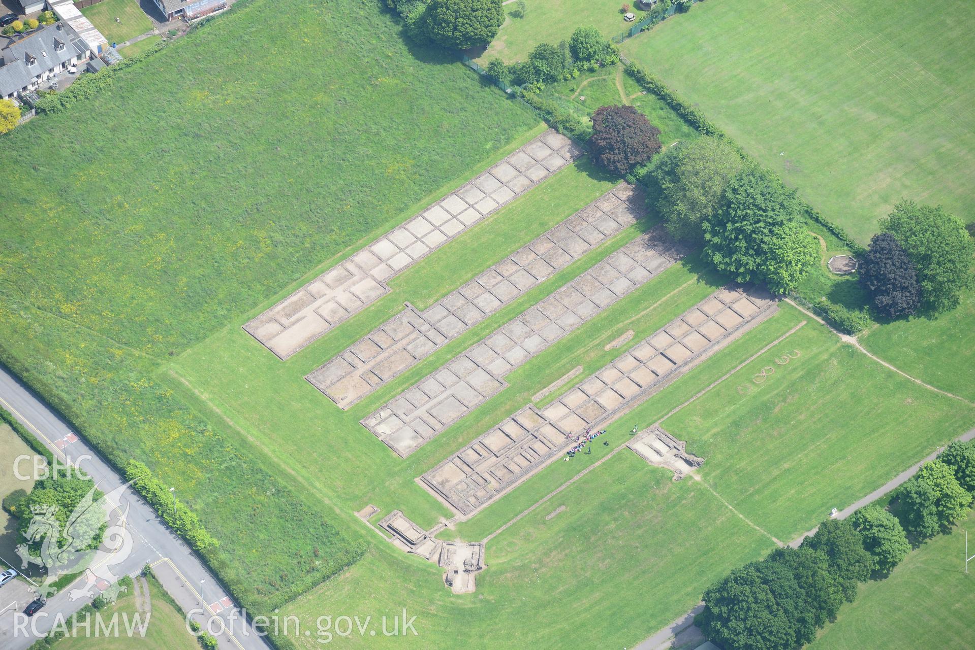 Caerleon town including view of the Roman barracks. Oblique aerial photograph taken during the Royal Commission's programme of archaeological aerial reconnaissance by Toby Driver on 11th June 2015.