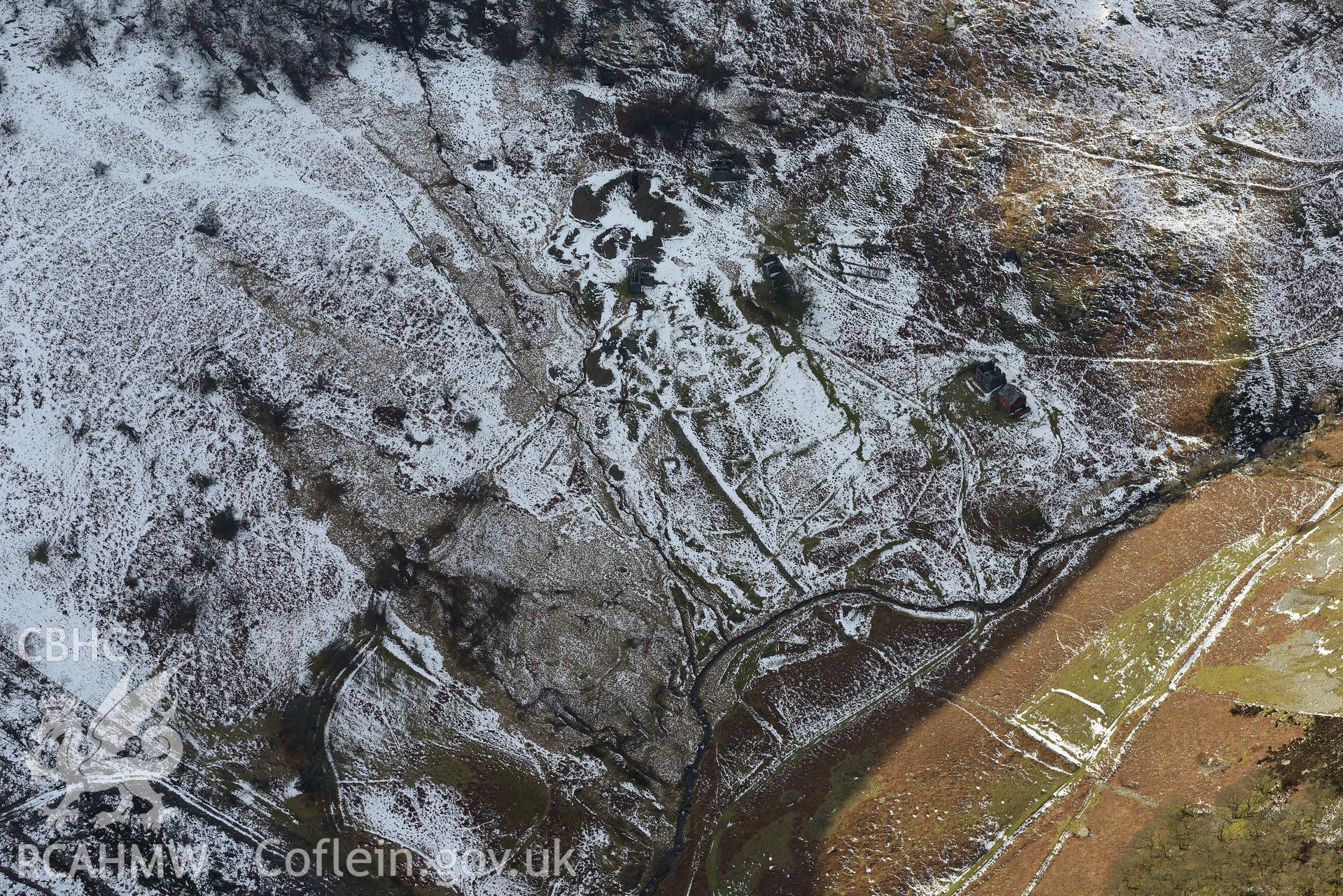 Site of Cwm Elan lead mine complex near Rhayader. Oblique aerial photograph taken during the Royal Commission's programme of archaeological aerial reconnaissance by Toby Driver on 4th February 2015.
