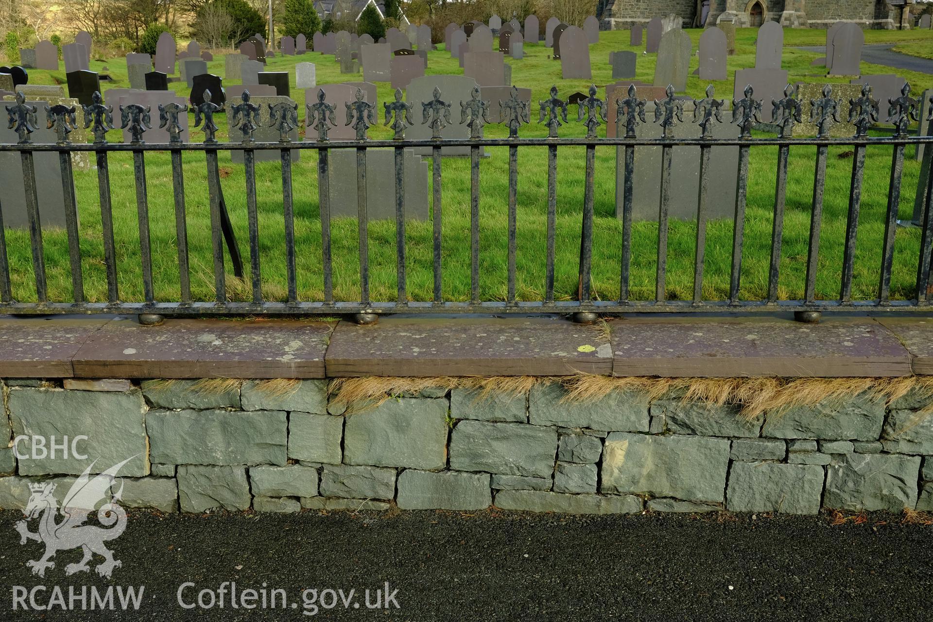 Colour photograph showing a view of Eglwys Crist's churchyard entrance gates, Deiniolen, produced by Richard Hayman 2nd February 2017