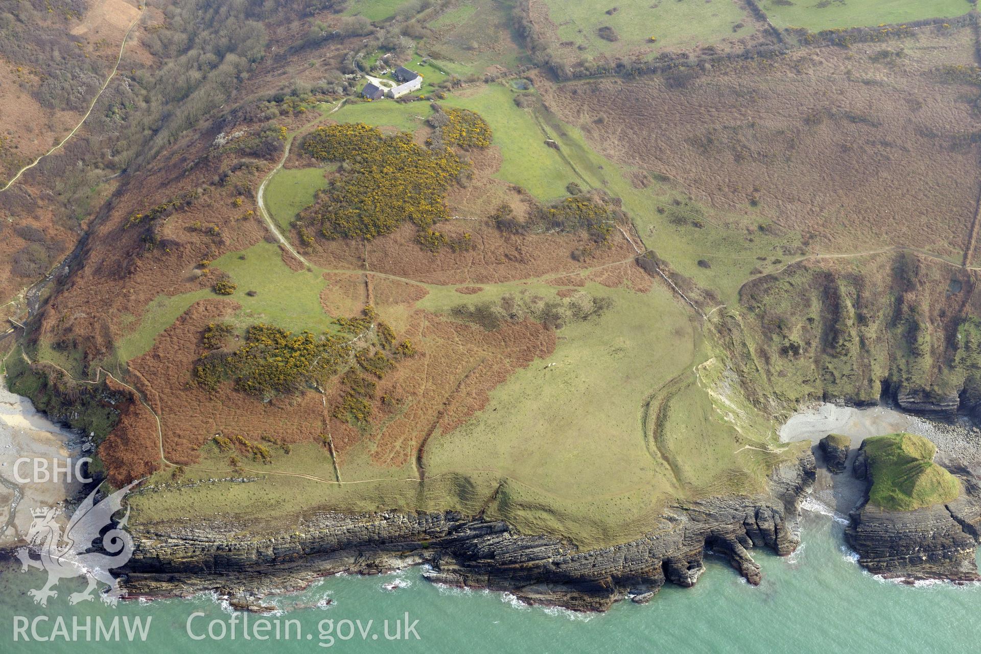 Aerial photography of Castell Bach taken on 27th March 2017 to monitor coastal erosion. Baseline aerial reconnaissance survey for the CHERISH Project. ? Crown: CHERISH PROJECT 2019. Produced with EU funds through the Ireland Wales Co-operation Programme 2014-2020. All material made freely available through the Open Government Licence.