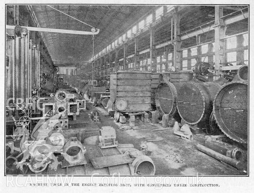 'Machine tools in the engine erecting shop, with condensers under construction.' Included amongst material relating to desk based assessment of the MV King Edgar historic wreck site, conducted by Archaeology Wales, 2017. Project ref no: 2500.