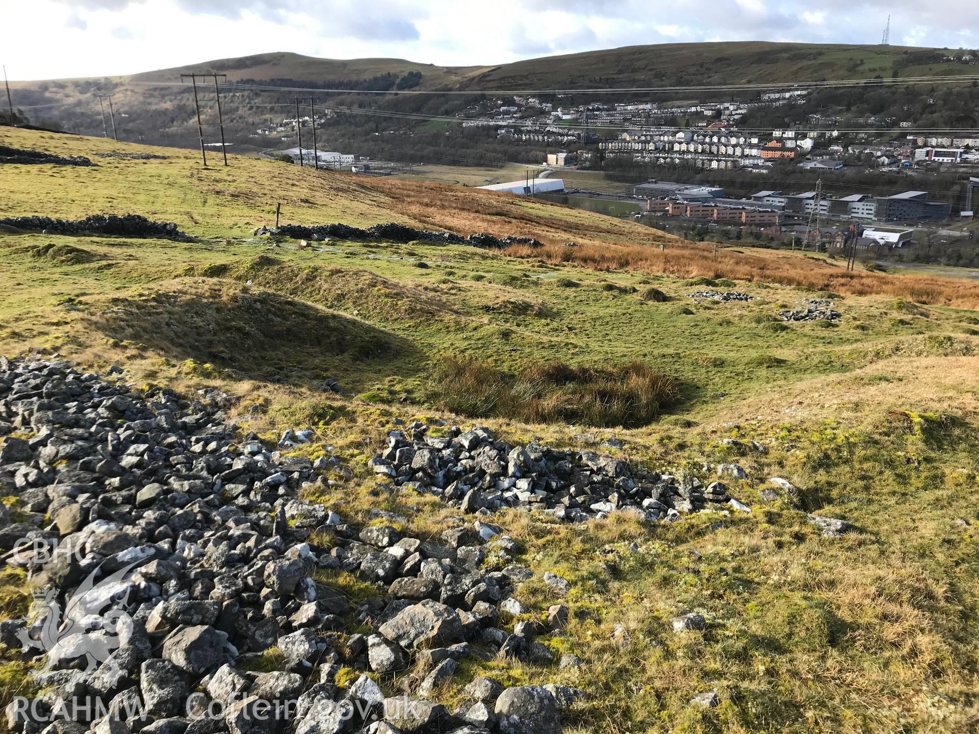 Colour photograph of house platform and field system at Bwlch y Garn, Ebbw Vale, taken by Paul R. Davis on 17th March 2019.