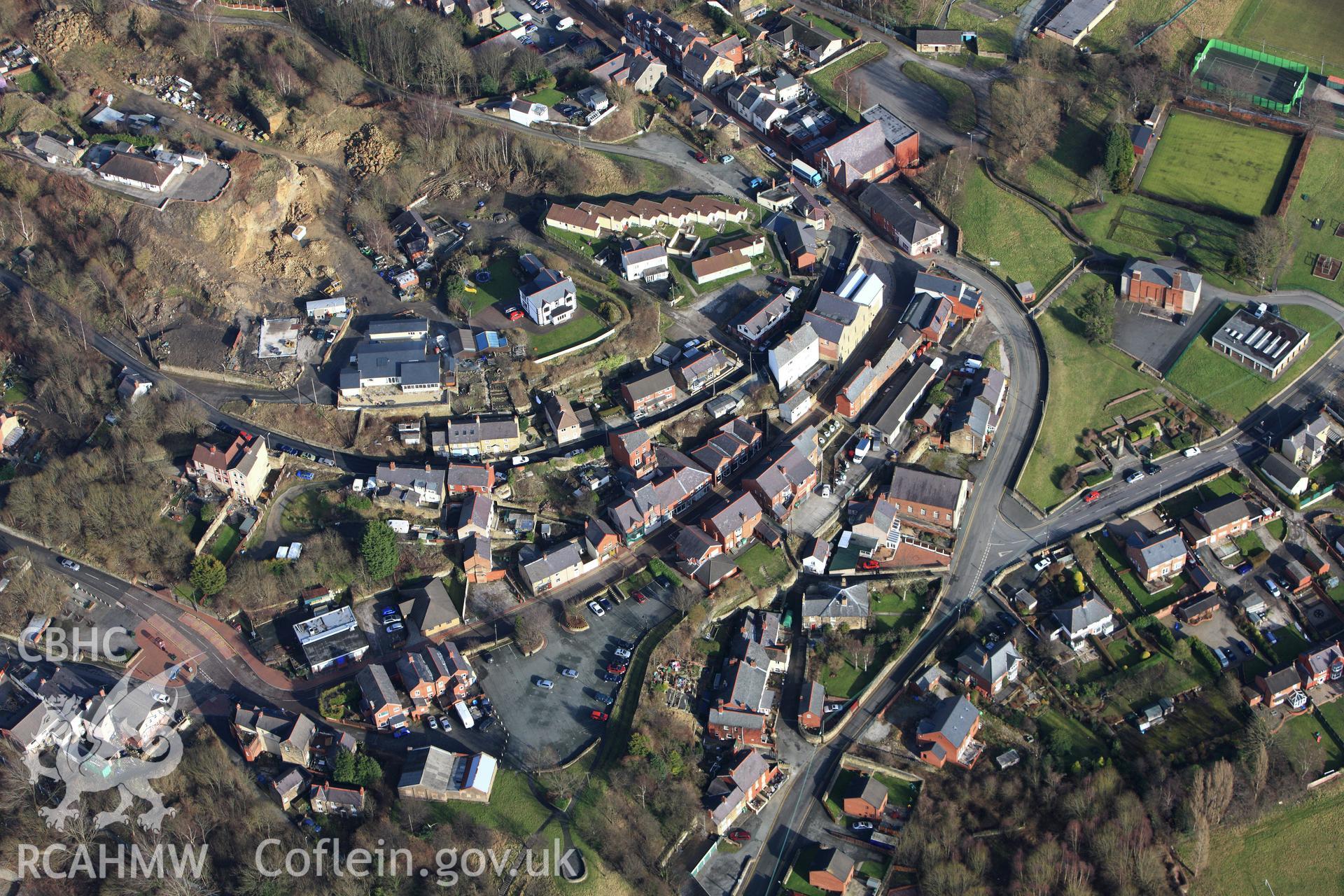 RCAHMW colour oblique photograph of Ebenezer English Chapel and housing, Cefn-Mawr. Taken by Toby Driver on 08/02/2011.