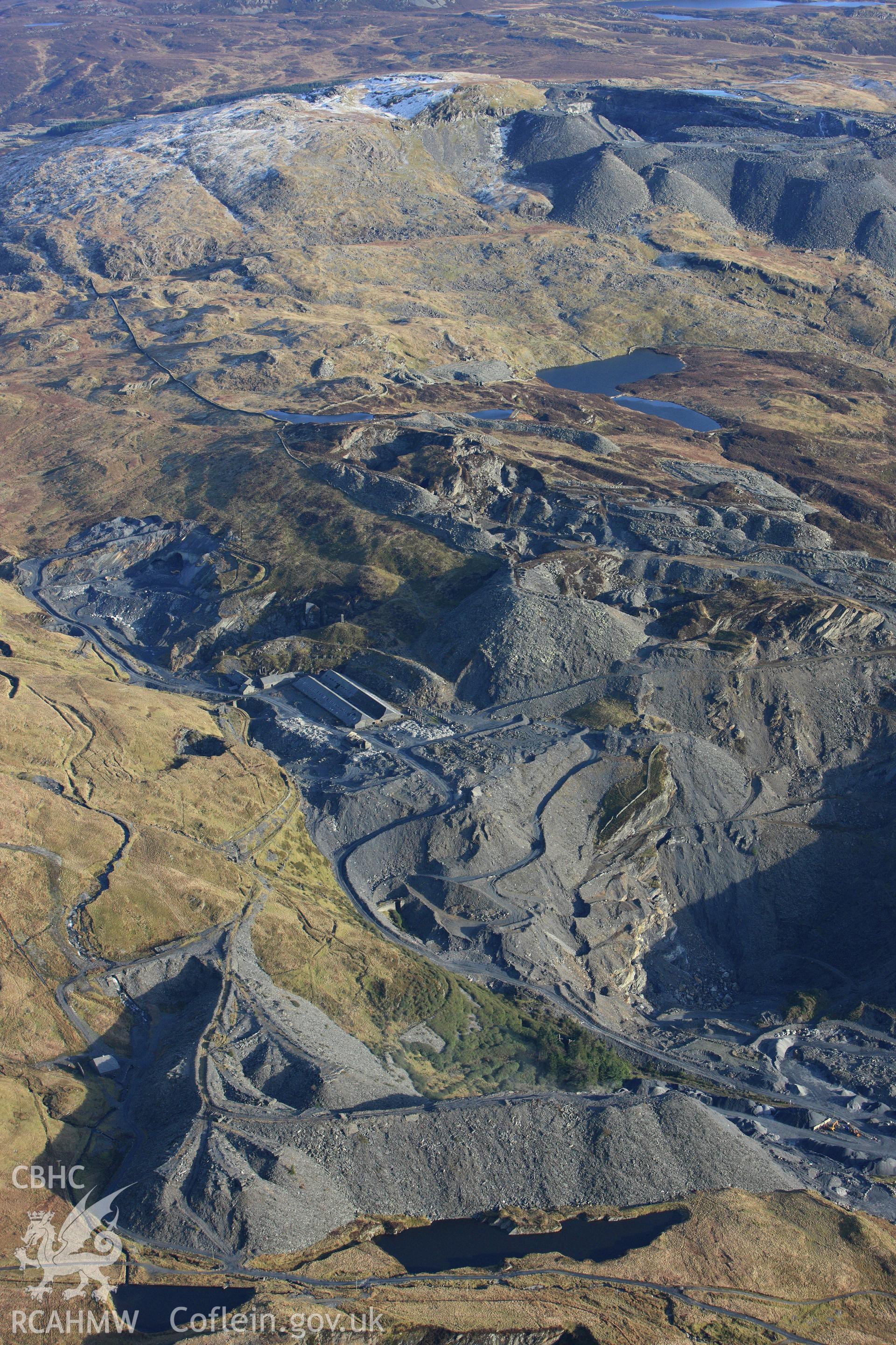 RCAHMW colour oblique photograph of Maen-Offeren slate quarry, Blaenau Ffestiniog, from the south-west. Taken by Toby Driver on 08/02/2011.