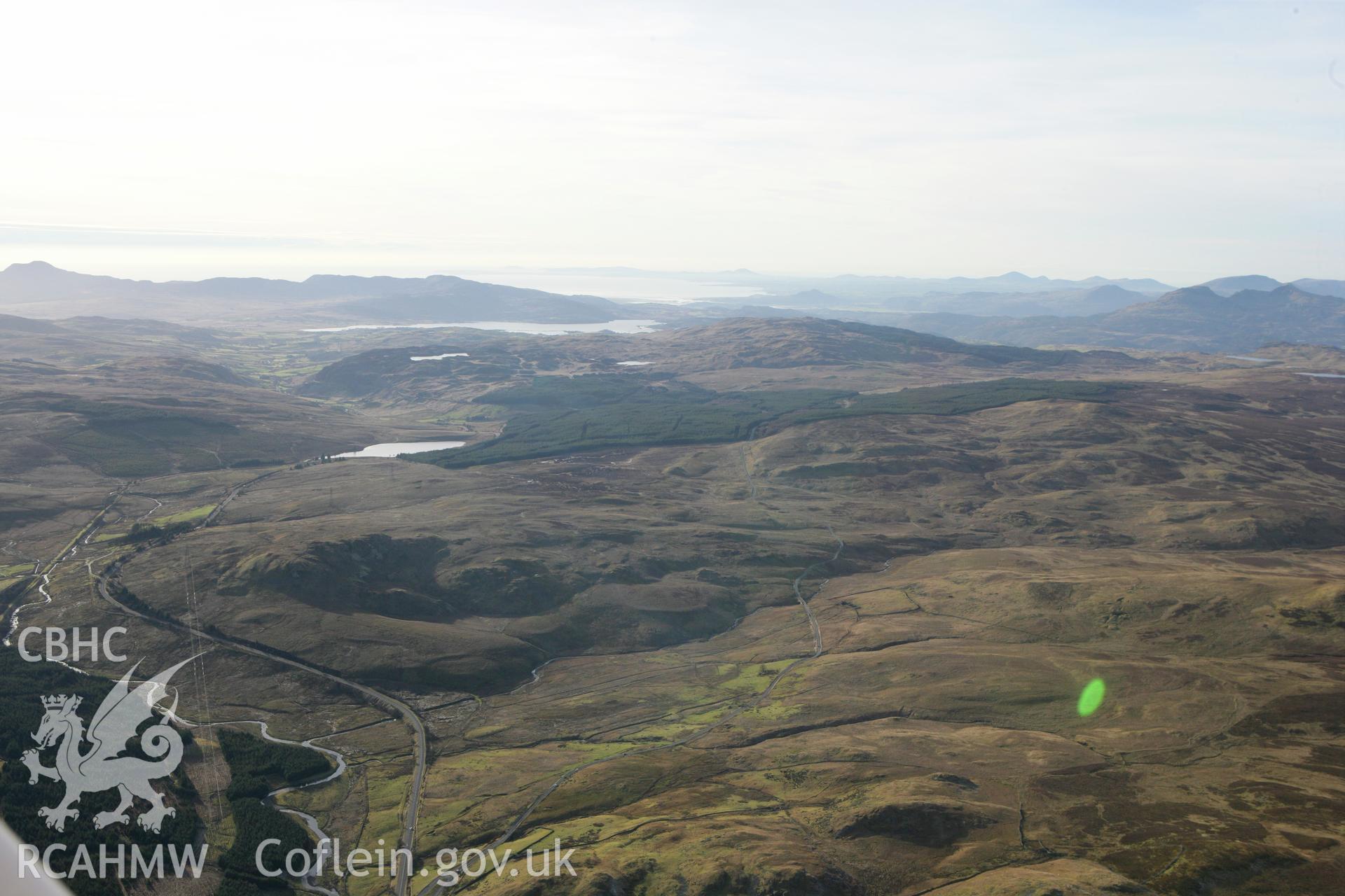 RCAHMW colour oblique photograph of Ffridd Craig Henllan deserted rural settlement, looking west towards Llyn Tryweryn. Taken by Toby Driver on 08/02/2011.