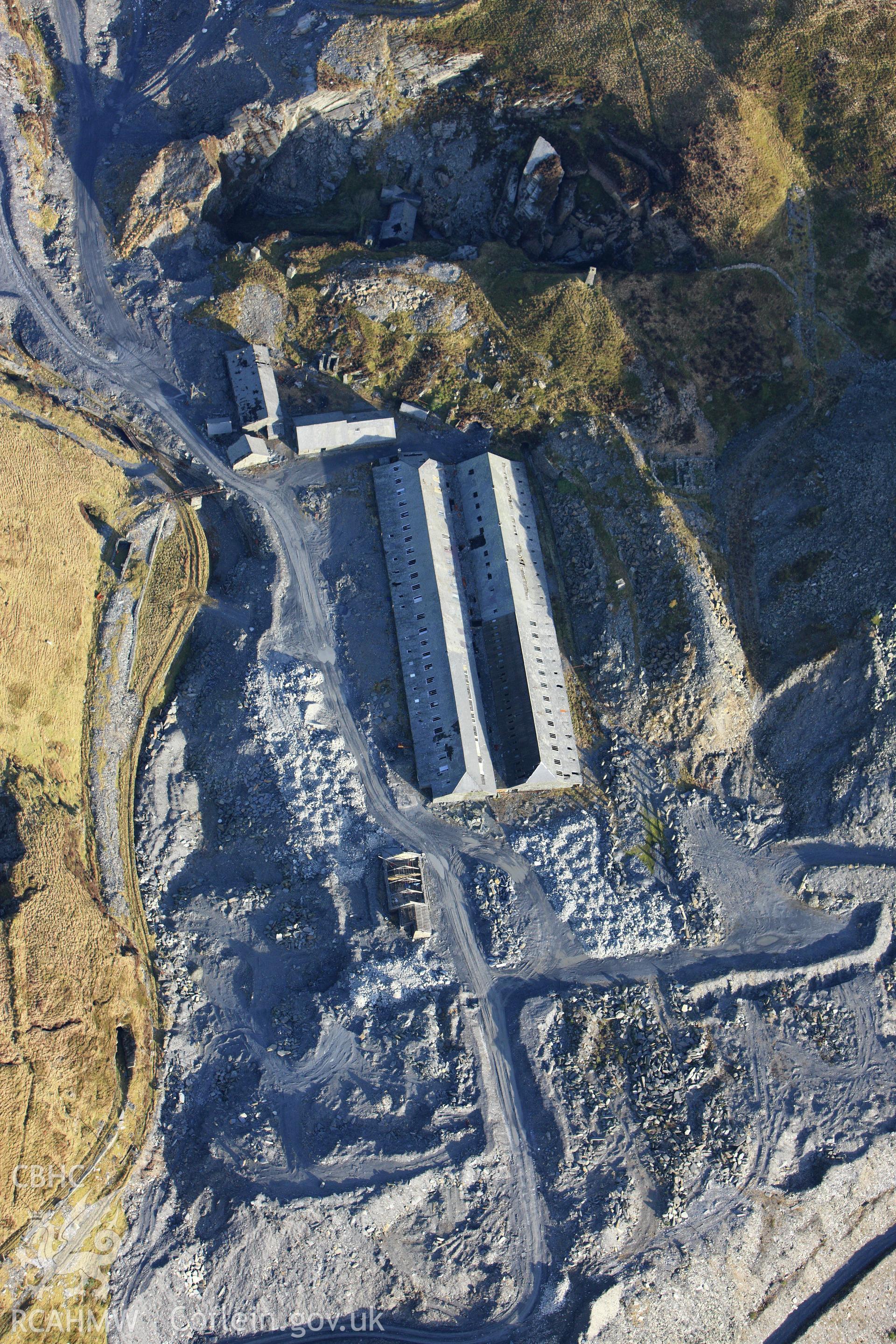 RCAHMW colour oblique photograph of Maen-Offeren slate quarry, Blaenau Ffestiniog. Taken by Toby Driver on 08/02/2011.