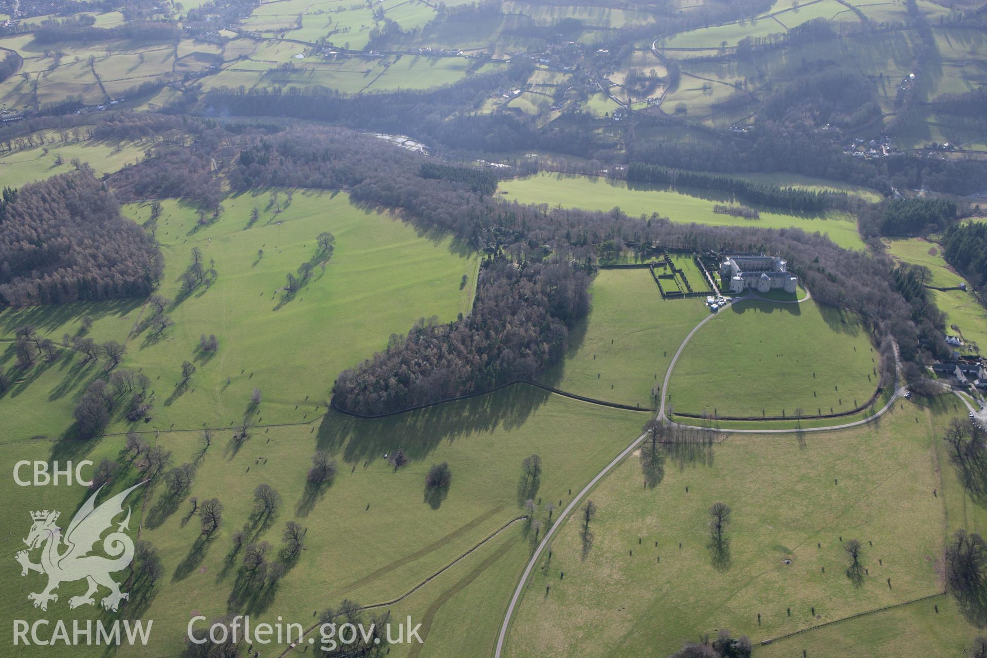 RCAHMW colour oblique photograph of earthworks to the east of Chirk Castle. Taken by Toby Driver on 08/02/2011.