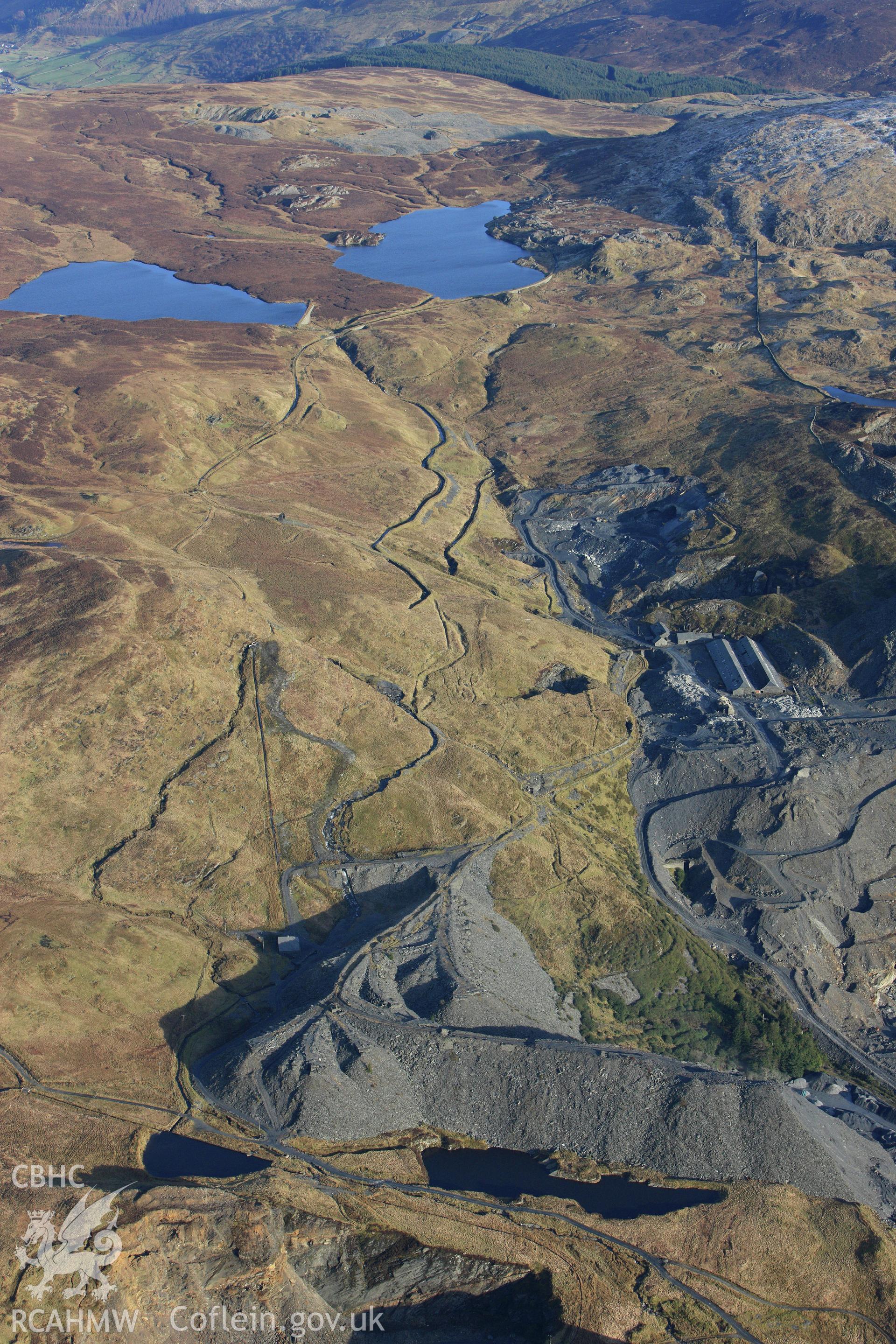RCAHMW colour oblique photograph of Maen-Offeren slate quarry, Blaenau Ffestiniog, from the south-west. Taken by Toby Driver on 08/02/2011.