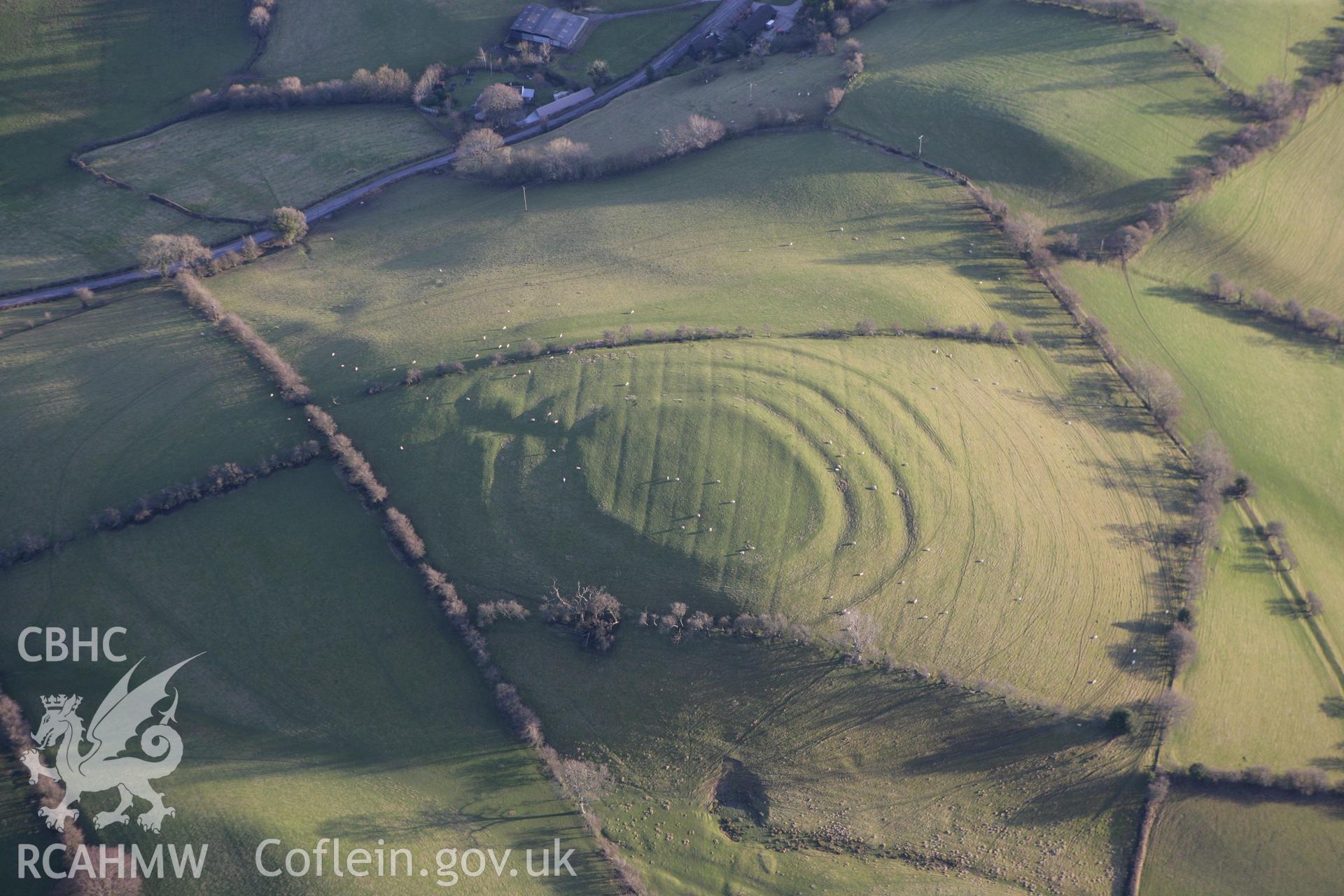 RCAHMW colour oblique photograph of Pen-y-Castell enclosure (Pentre Camp). Taken by Toby Driver on 08/02/2011.