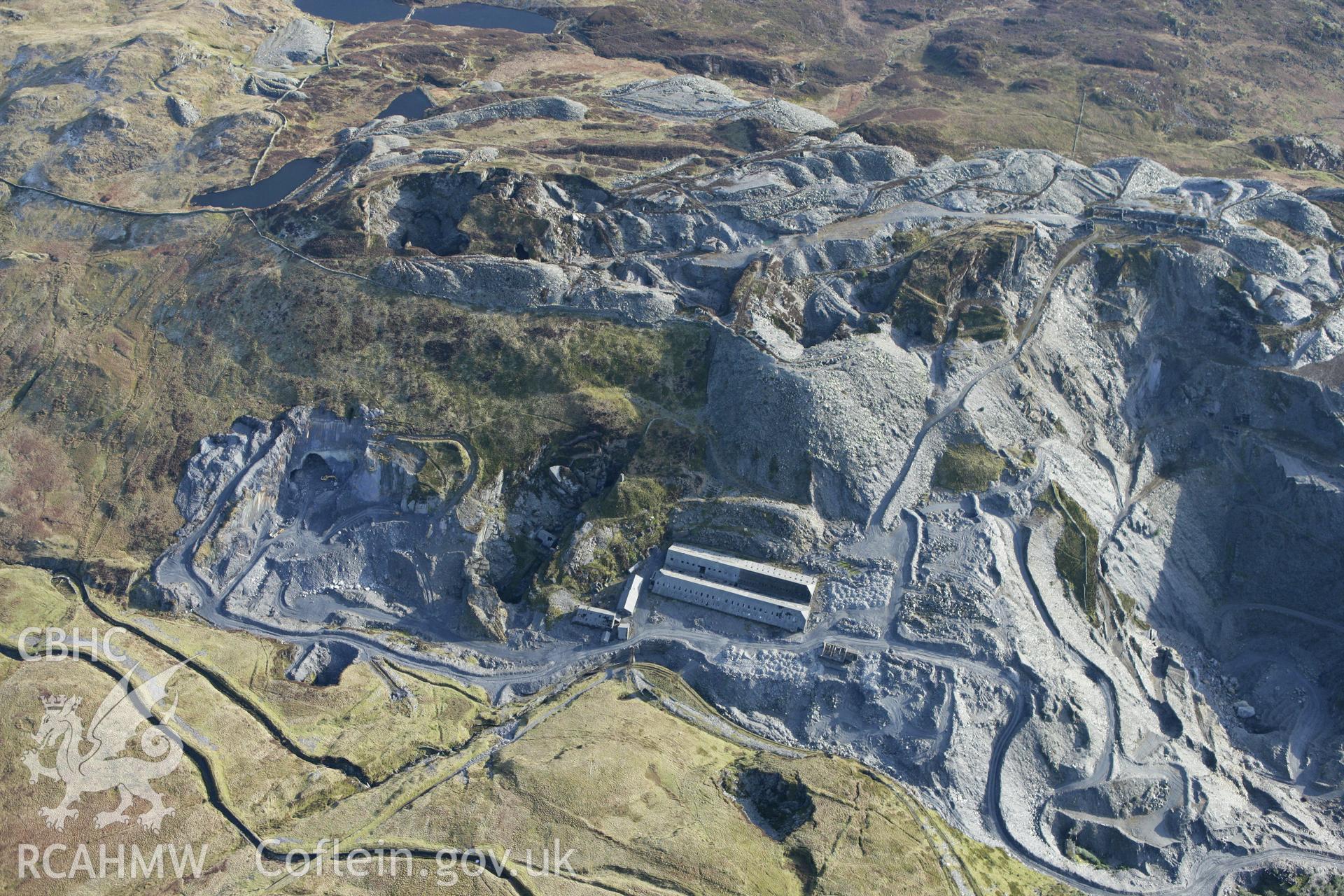 RCAHMW colour oblique photograph of Maen-Offeren slate quarry, Blaenau Ffestiniog. Taken by Toby Driver on 08/02/2011.