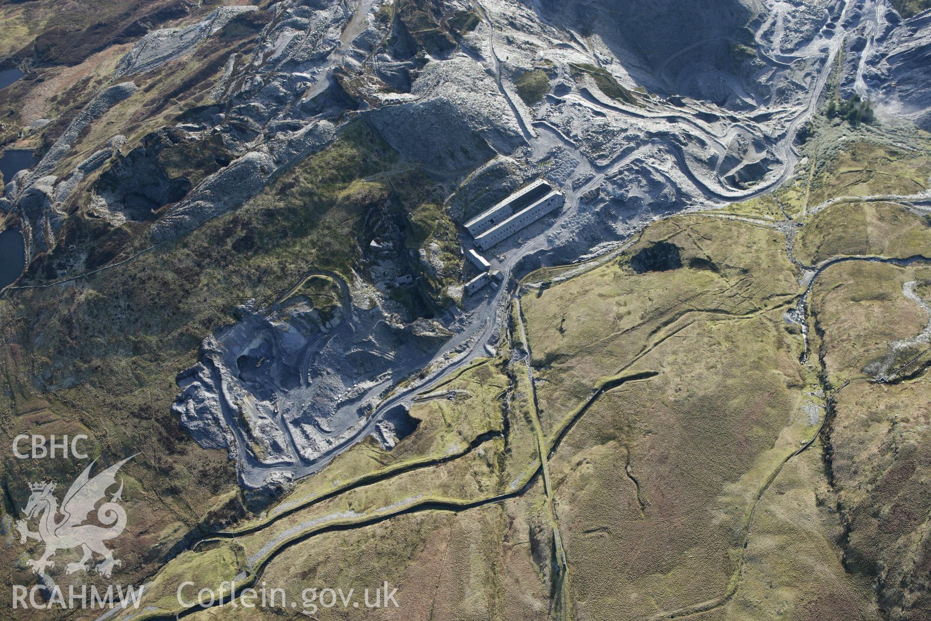 RCAHMW colour oblique photograph of Maen-Offeren slate quarry, Blaenau Ffestiniog. Taken by Toby Driver on 08/02/2011.