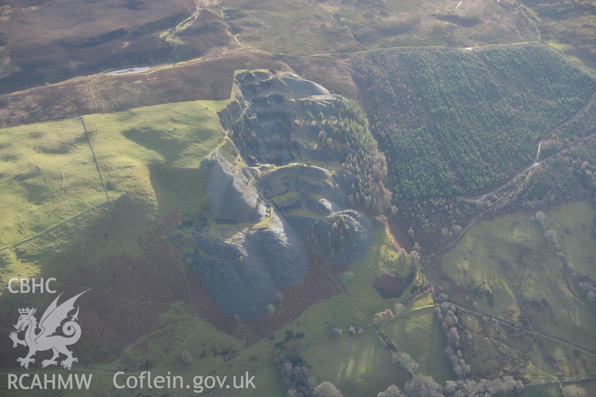 RCAHMW colour oblique photograph of Penarth Slate Quarry, Corwen. Taken by Toby Driver on 08/02/2011.