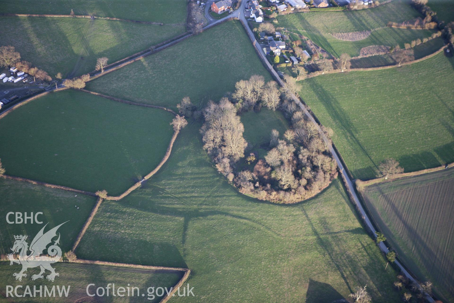 RCAHMW colour oblique photograph of Hen Domen, Montgomery. Taken by Toby Driver on 08/02/2011.
