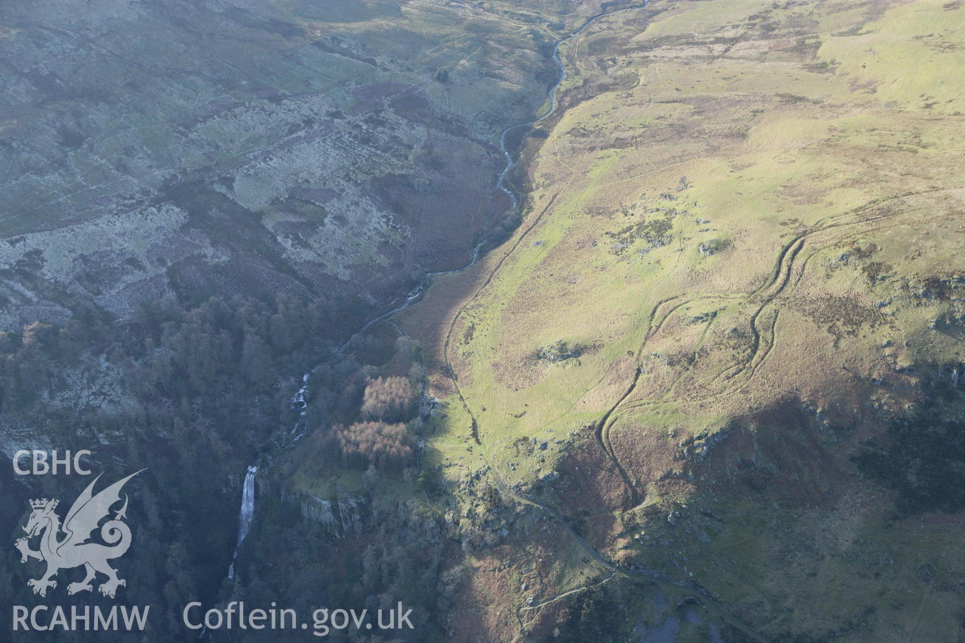 RCAHMW colour oblique photograph of Pistyll Rhaeadr waterfall. Taken by Toby Driver on 08/02/2011.