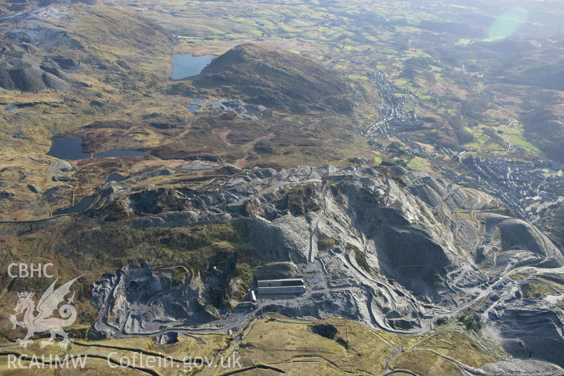 RCAHMW colour oblique photograph of Maen-Offeren slate quarry, Blaenau Ffestiniog. Taken by Toby Driver on 08/02/2011.