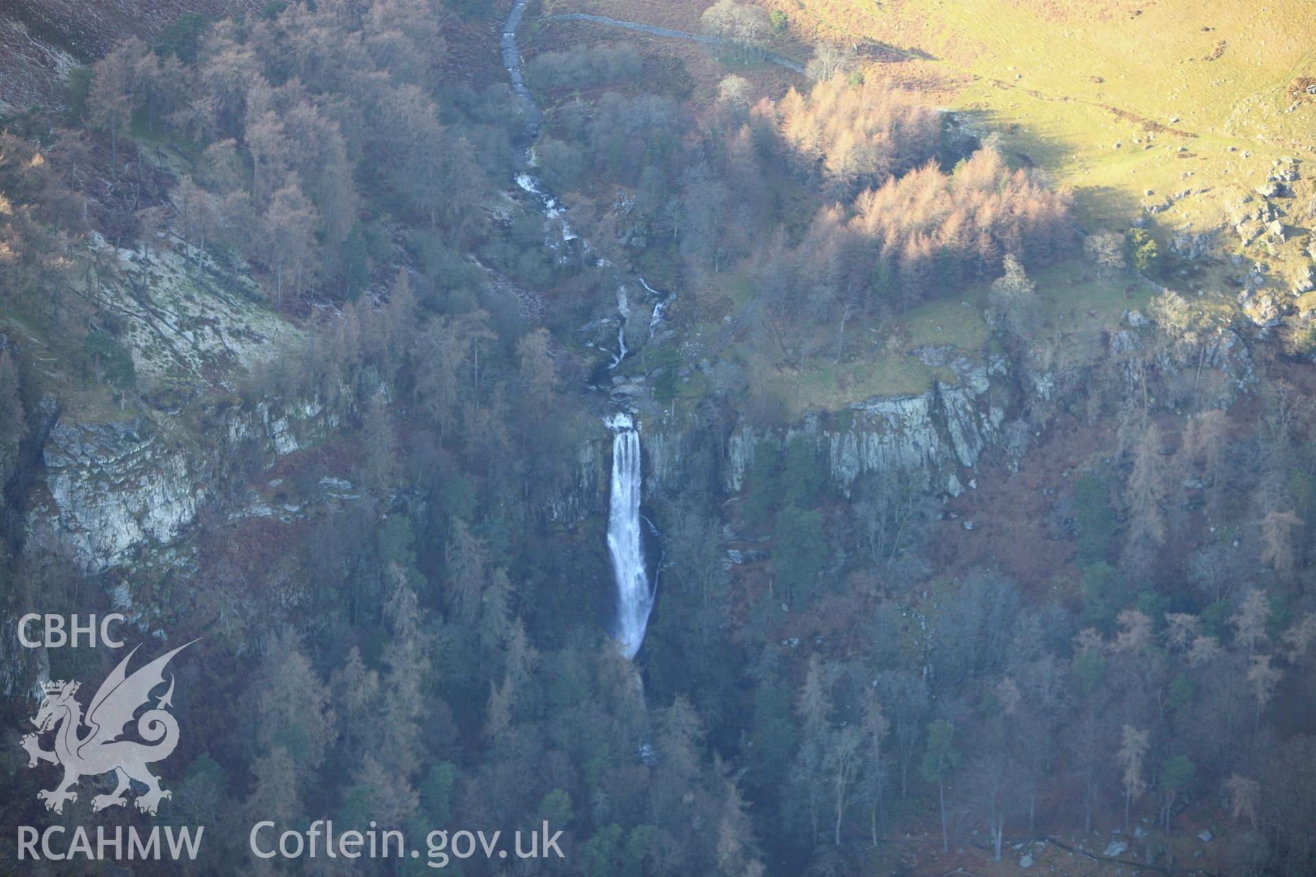 RCAHMW colour oblique photograph of Pistyll Rhaeadr waterfall. Taken by Toby Driver on 08/02/2011.
