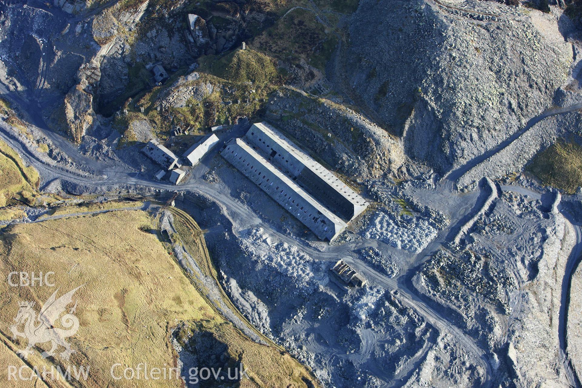 RCAHMW colour oblique photograph of Maen-Offeren slate quarry, Blaenau Ffestiniog. Taken by Toby Driver on 08/02/2011.