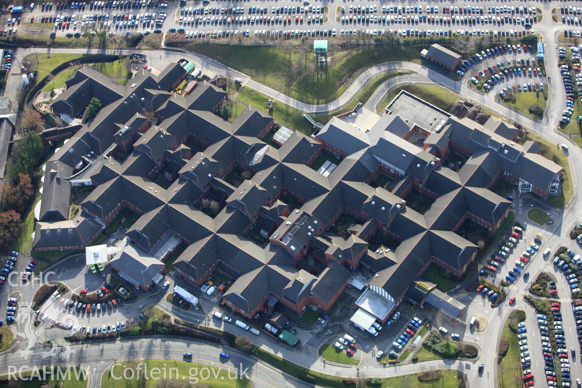 RCAHMW colour oblique photograph of Wrexham Maelor Hospital. Taken by Toby Driver on 08/02/2011.