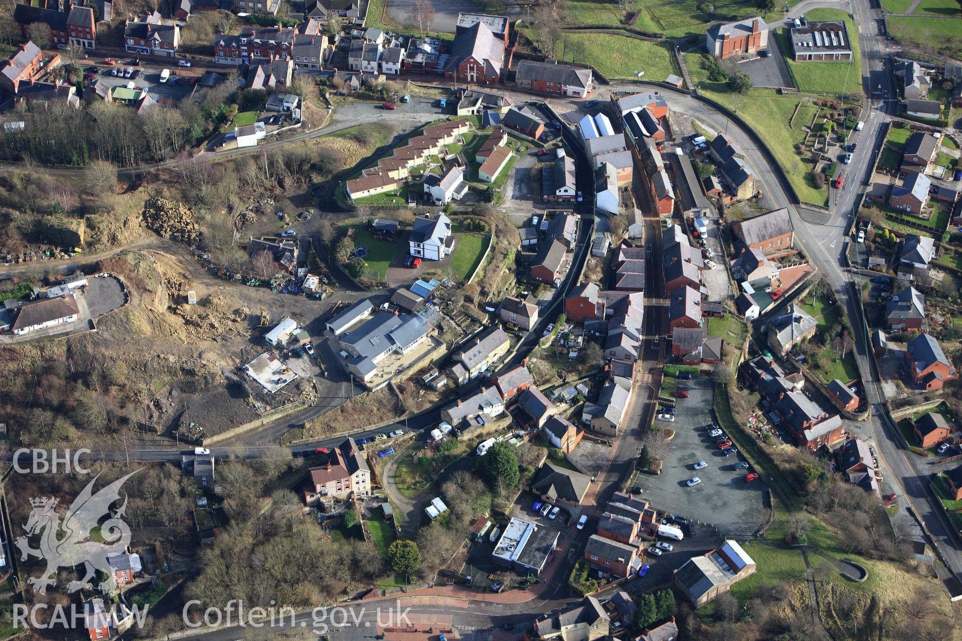 RCAHMW colour oblique photograph of Ebenezer English Chapel and housing, Cefn-Mawr. Taken by Toby Driver on 08/02/2011.