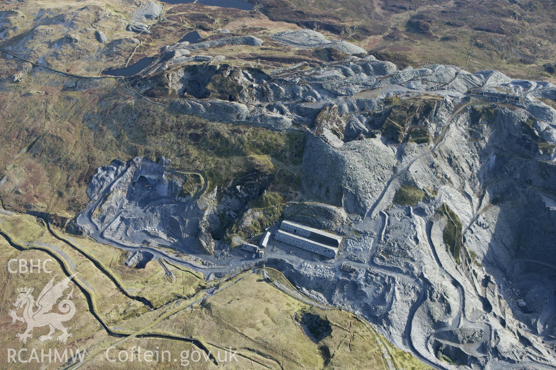 RCAHMW colour oblique photograph of Maen-Offeren slate quarry, Blaenau Ffestiniog. Taken by Toby Driver on 08/02/2011.