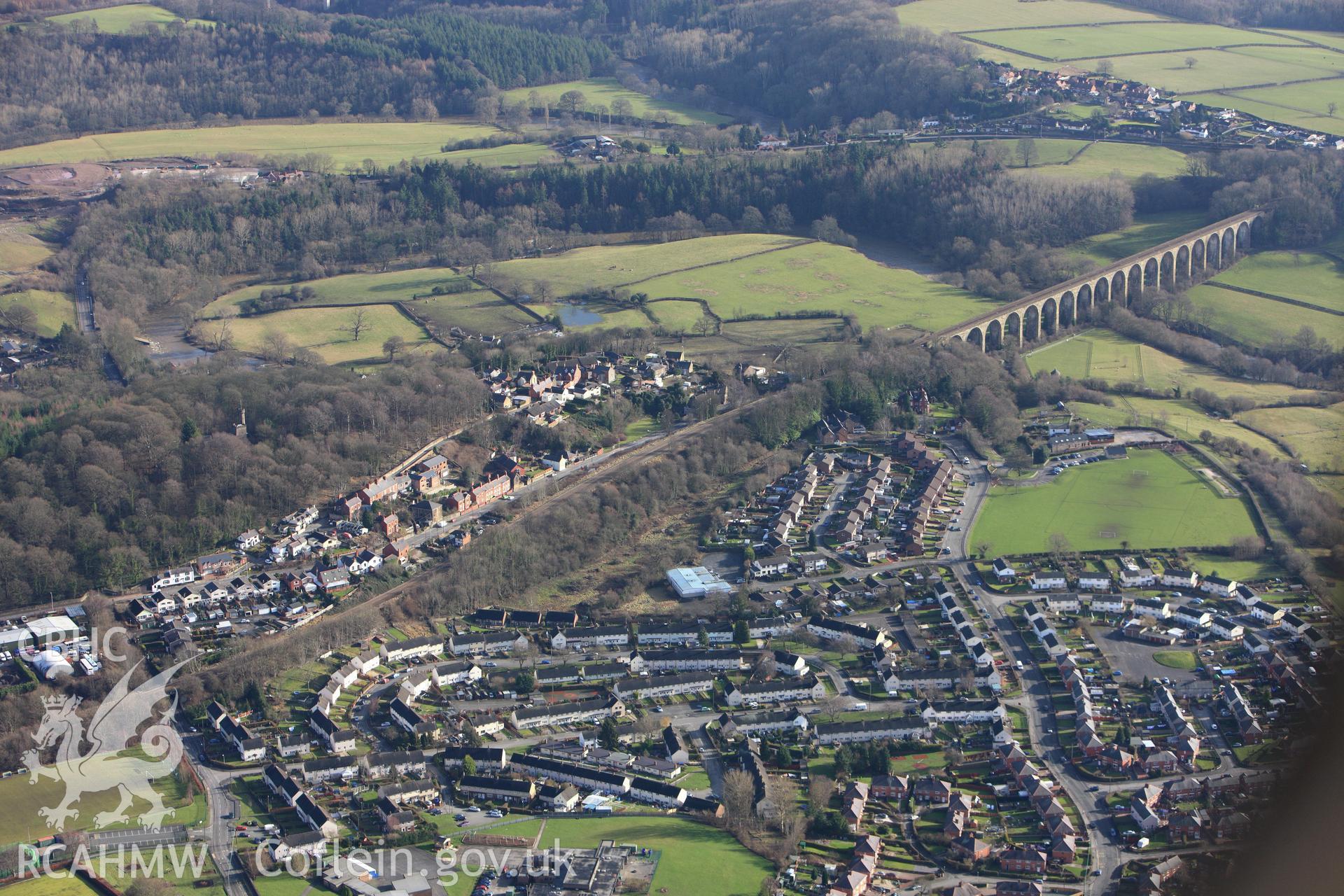 RCAHMW colour oblique photograph of Cefn Bychan (Newbridge) Viaduct. Taken by Toby Driver on 08/02/2011.
