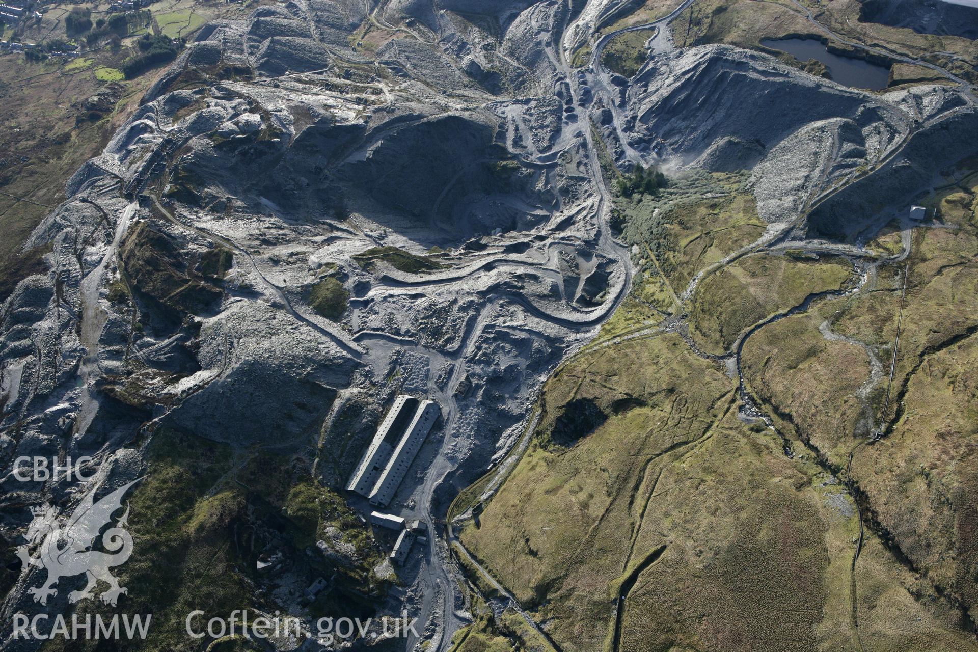 RCAHMW colour oblique photograph of Maen-Offeren slate quarry, Blaenau Ffestiniog. Taken by Toby Driver on 08/02/2011.