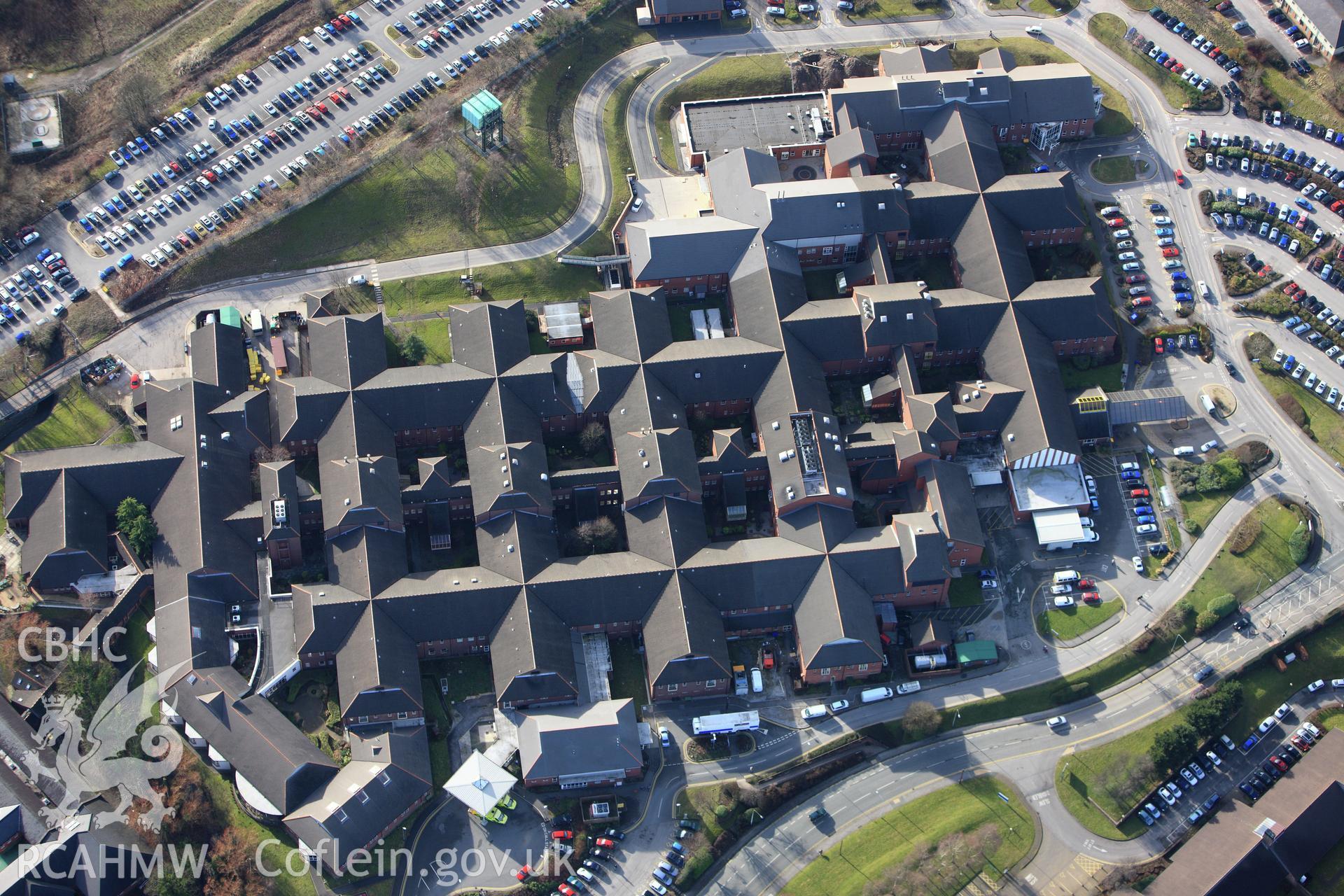 RCAHMW colour oblique photograph of Wrexham Maelor Hospital. Taken by Toby Driver on 08/02/2011.