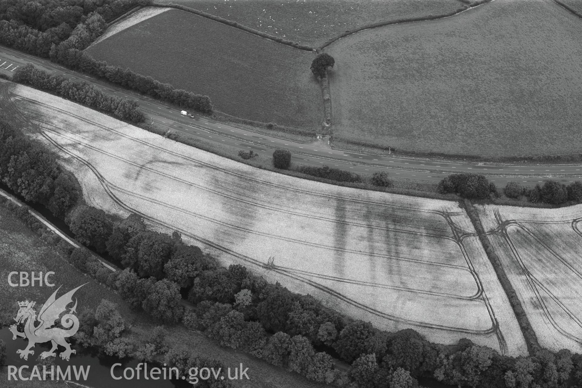 Cefn-brynich Roman fort, detailed view (black and white) of cropmarks of Roman fort ditches from south, taken by RCAHMW 1st August 2013.