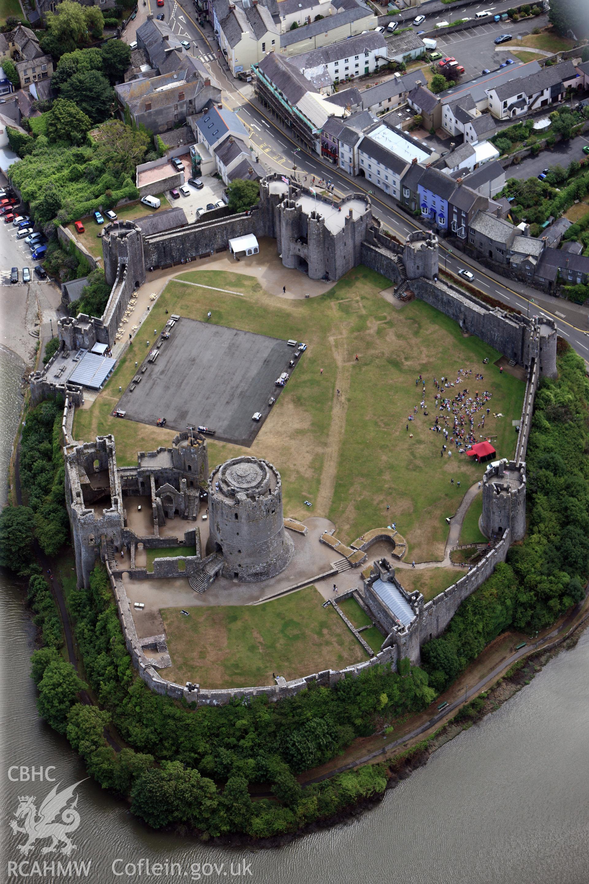 Pembroke Castle, showing parchmarks of buildings and other structures in the inner and outer wards, photographed by T. G. Driver on 29th  July 2013