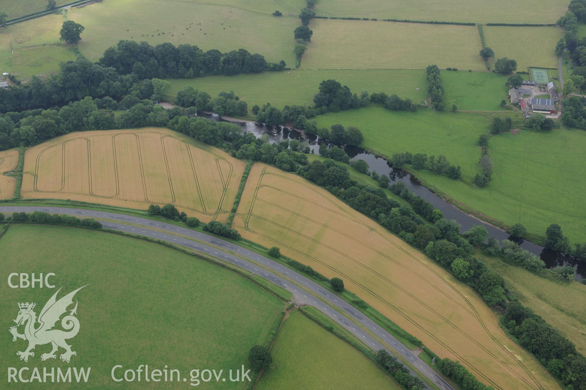 Cefn-brynich Roman fort, general view of cropmarks from north, taken by RCAHMW 1st August 2013.