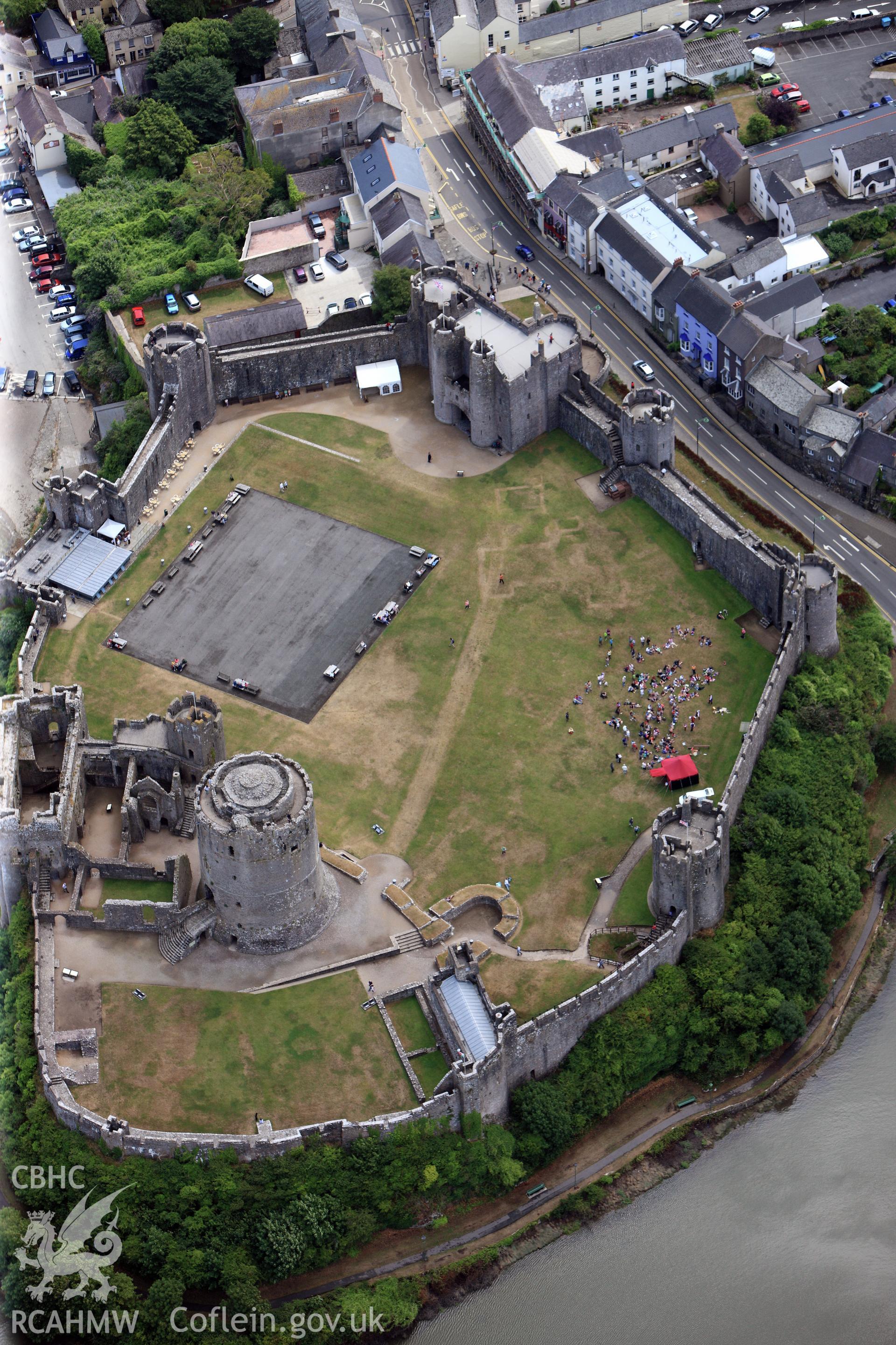 Pembroke Castle, showing parchmarks of buildings and other structures in the inner and outer wards, photographed by T. G. Driver on 29th  July 2013