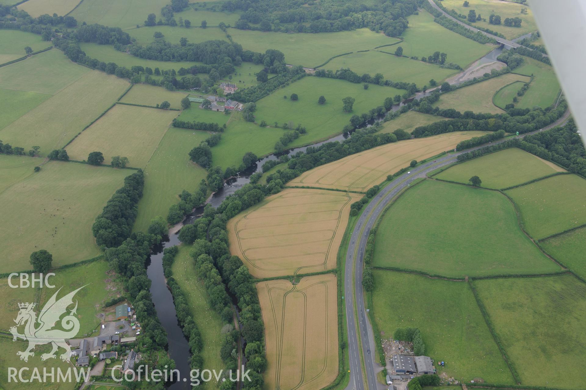 Cefn-brynich Roman fort, general view of cropmarks from east, taken by RCAHMW 1st August 2013.